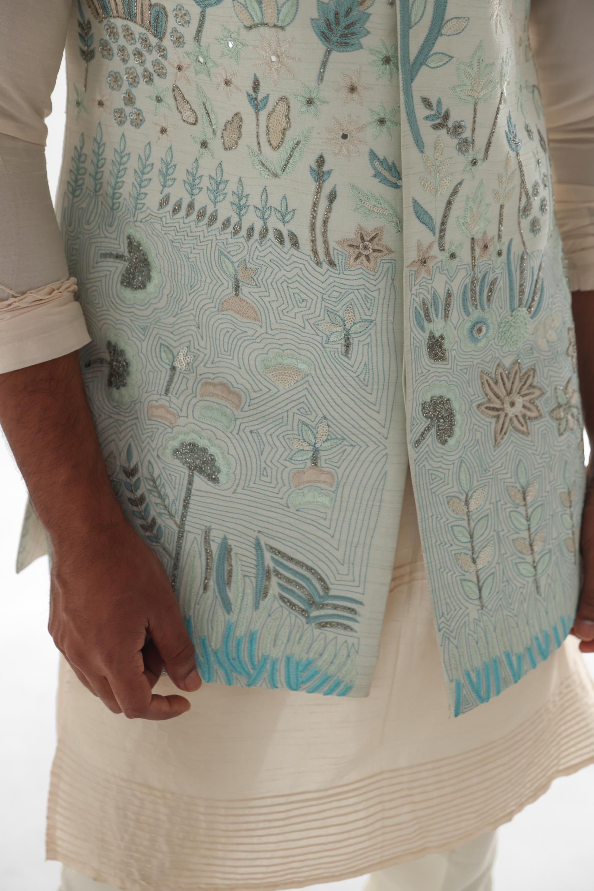 Lotus Lake Light Blue Long Nehru Jacket SET