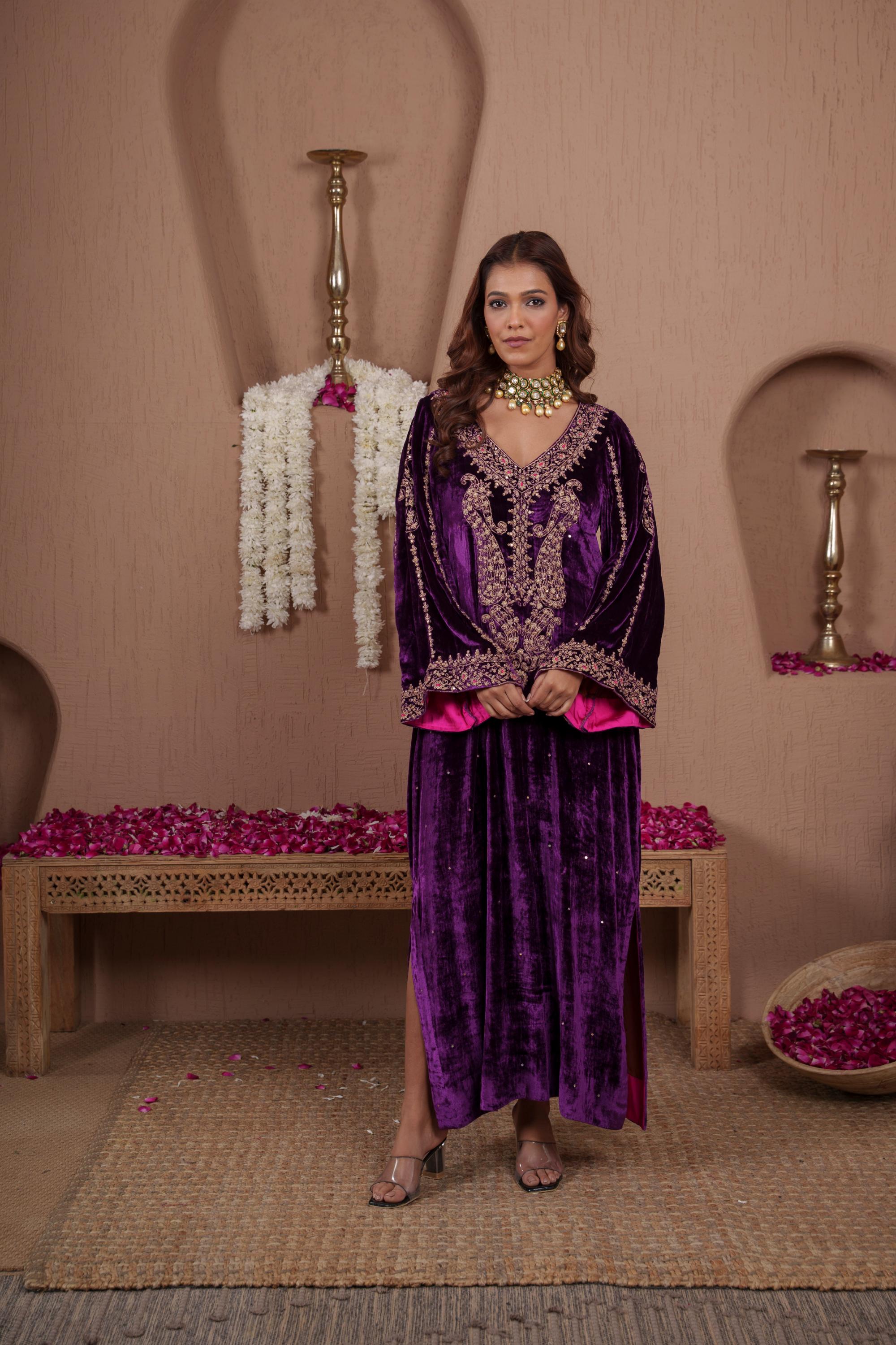 AFREEN: Purple Embroidered Kaftaan Dress