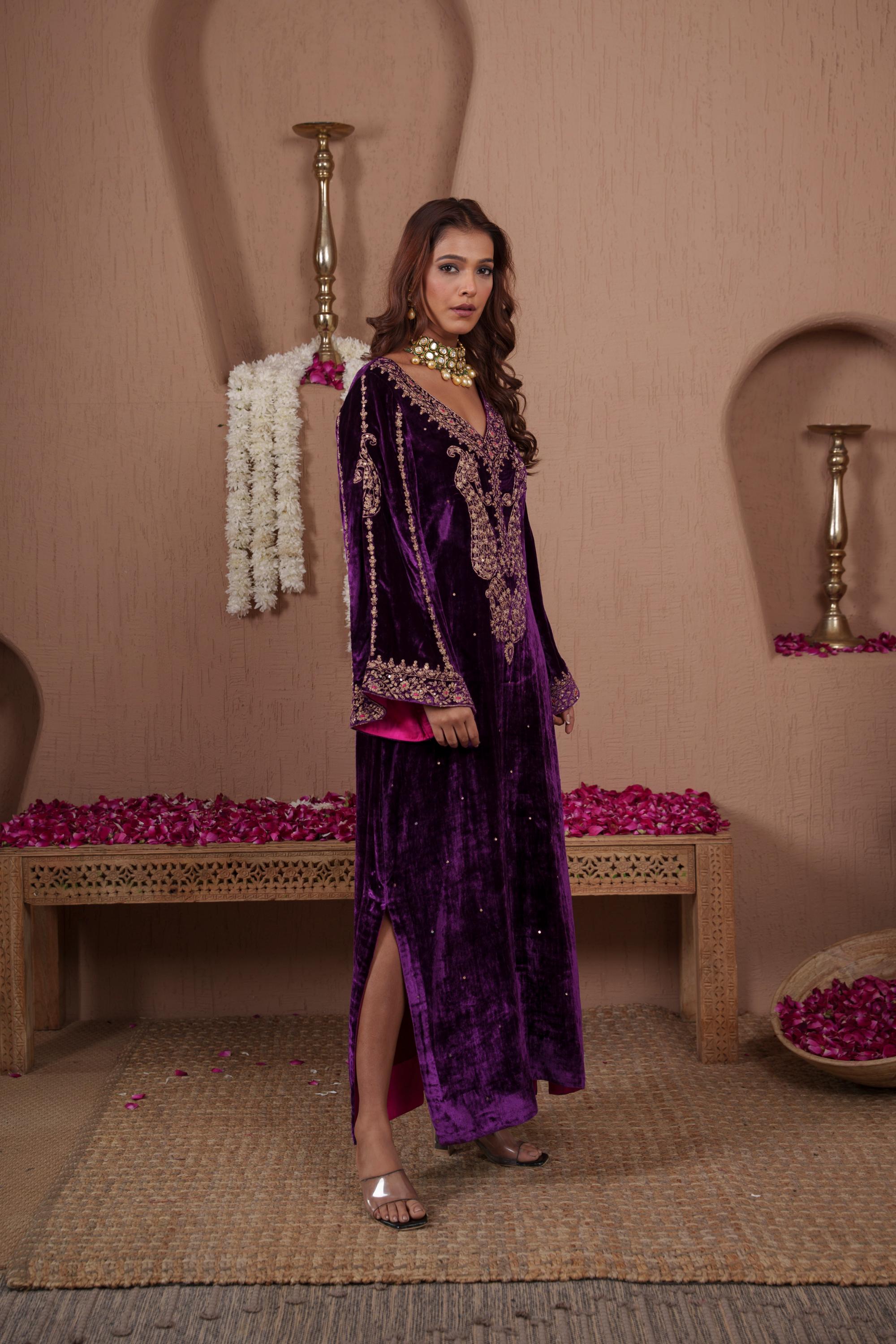 AFREEN: Purple Embroidered Kaftaan Dress