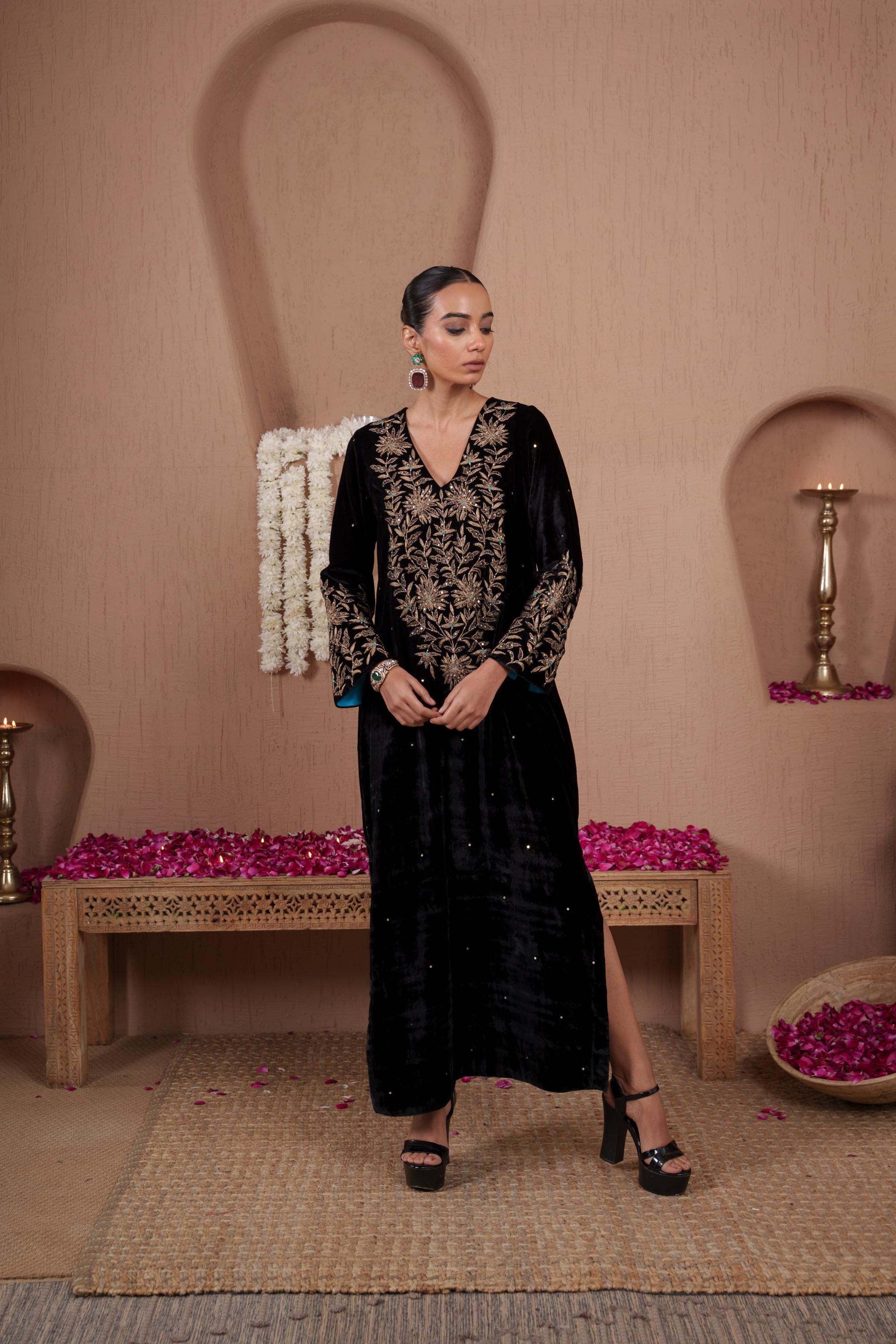 AFREEN: Black Embroidered Kaftaan Dress