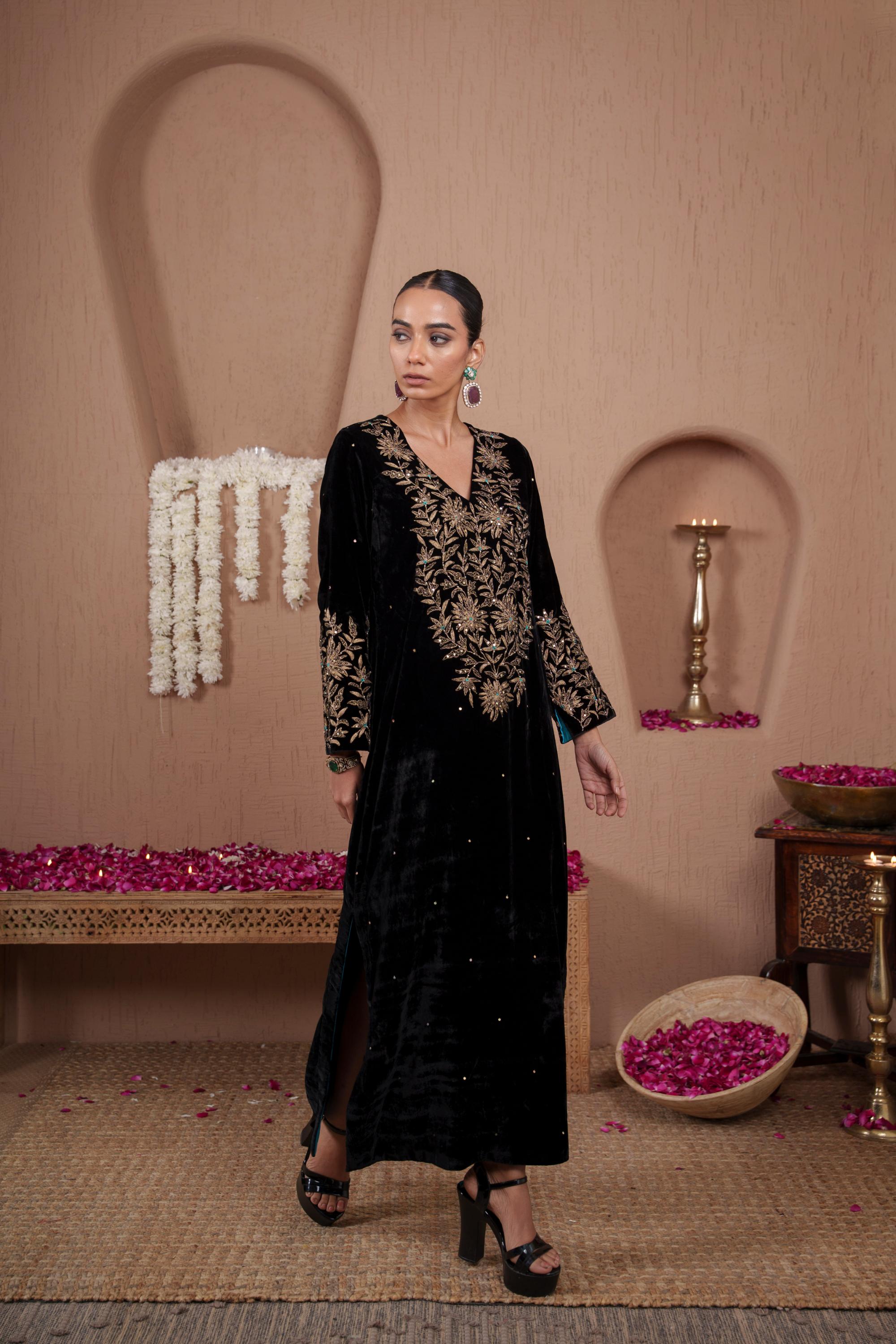 AFREEN: Black Embroidered Kaftaan Dress
