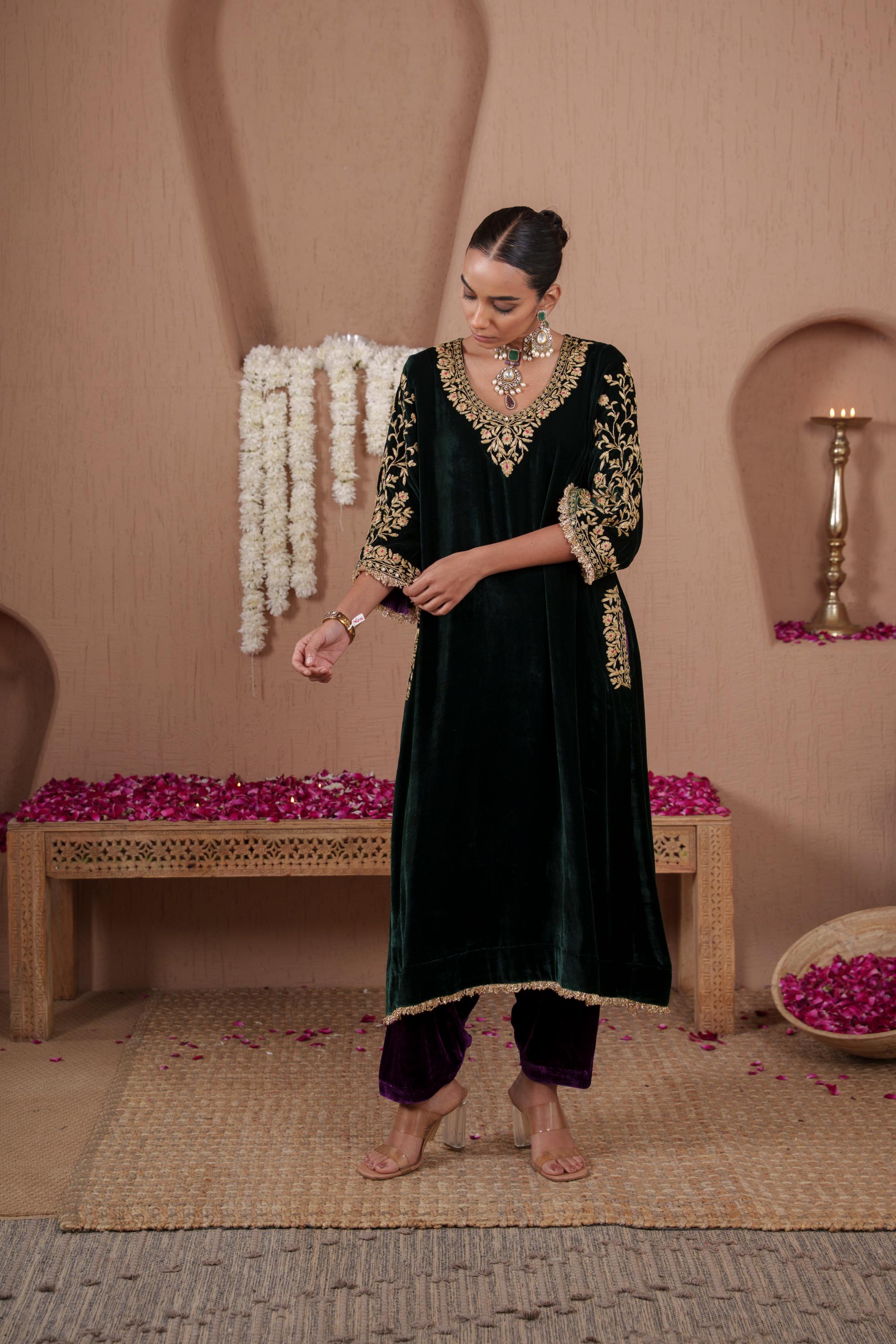 AFREEN: Green Purple Phiran Set