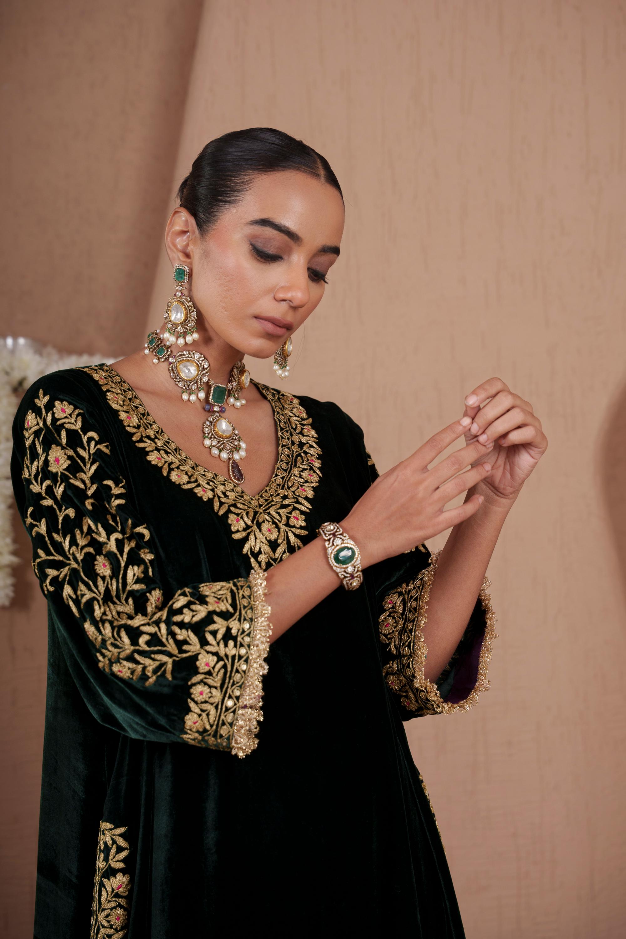 AFREEN: Green Purple Phiran Set