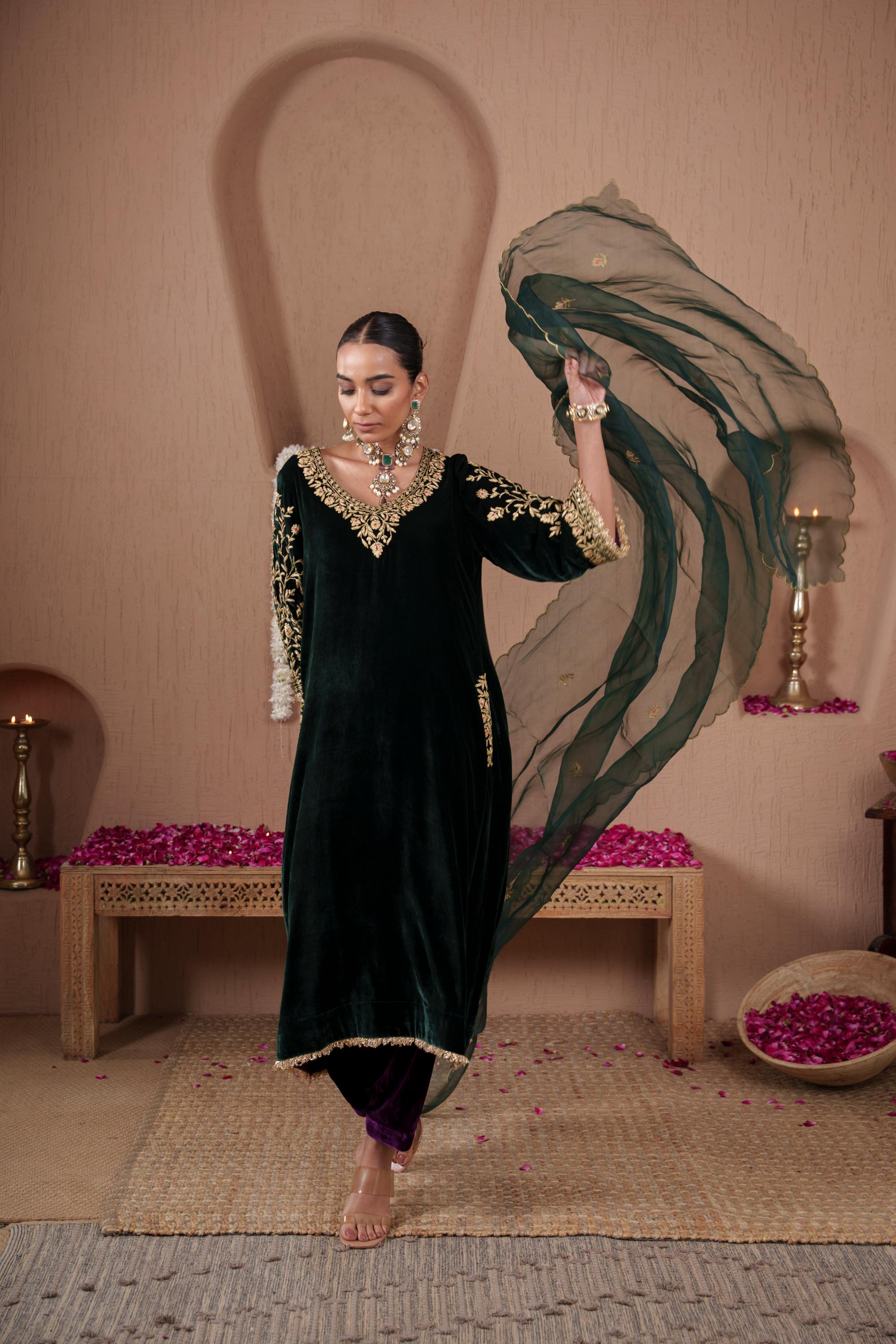 AFREEN: Green Purple Phiran Set
