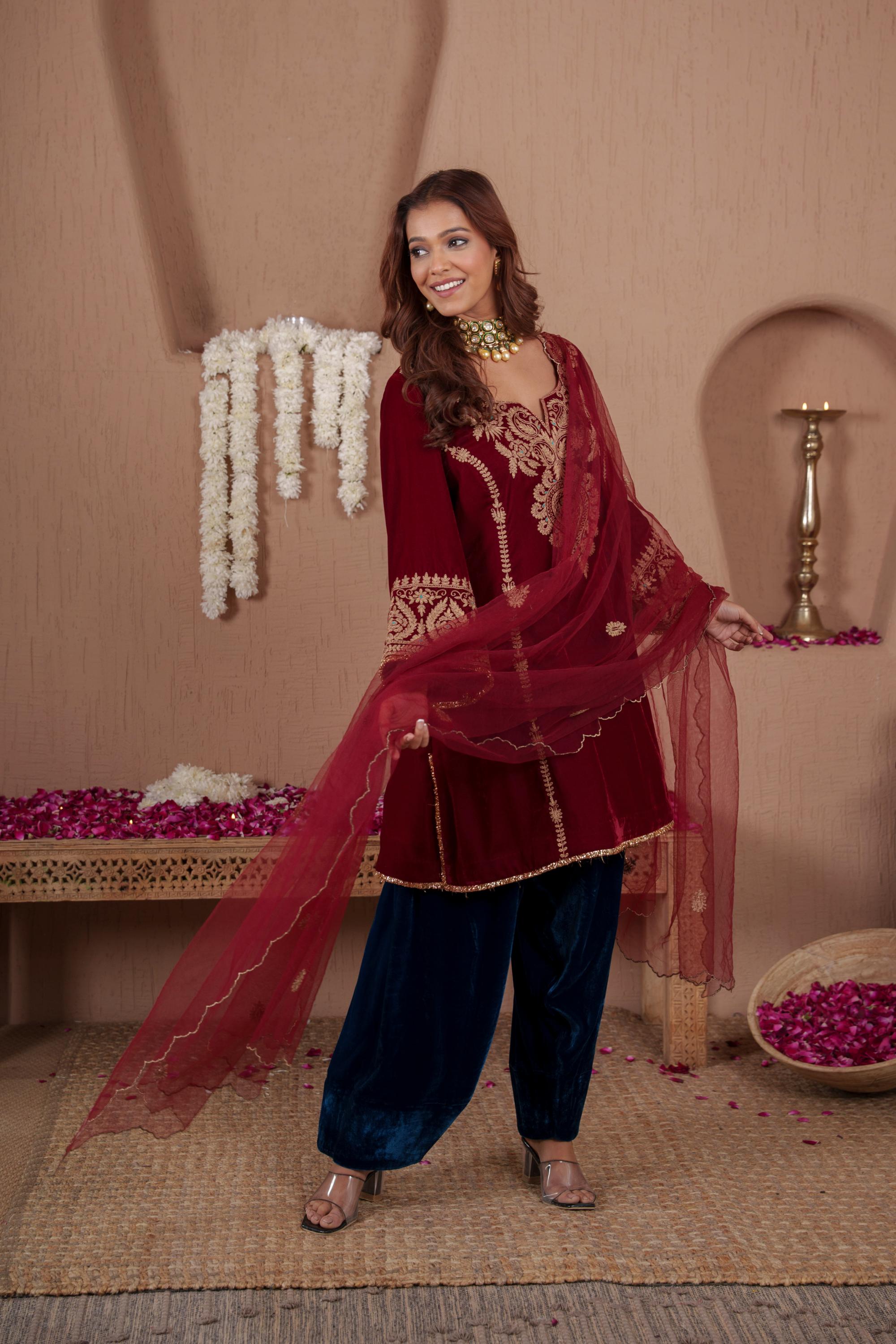 AFREEN: Maroon Teal Farsi Salwar Set