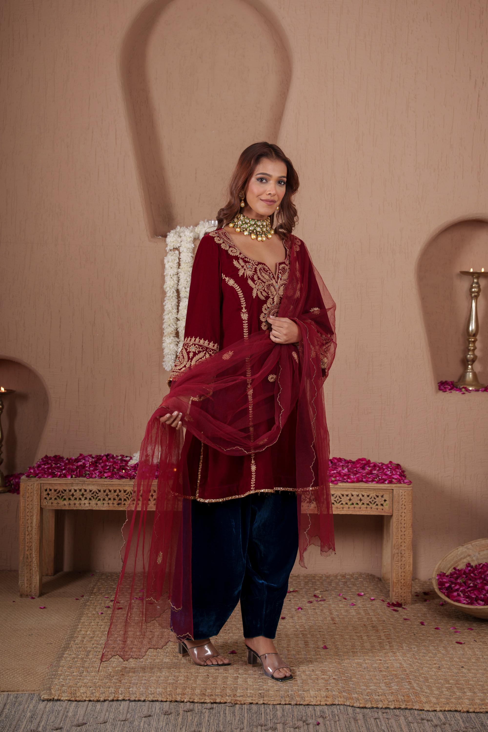 AFREEN: Maroon Teal Farsi Salwar Set