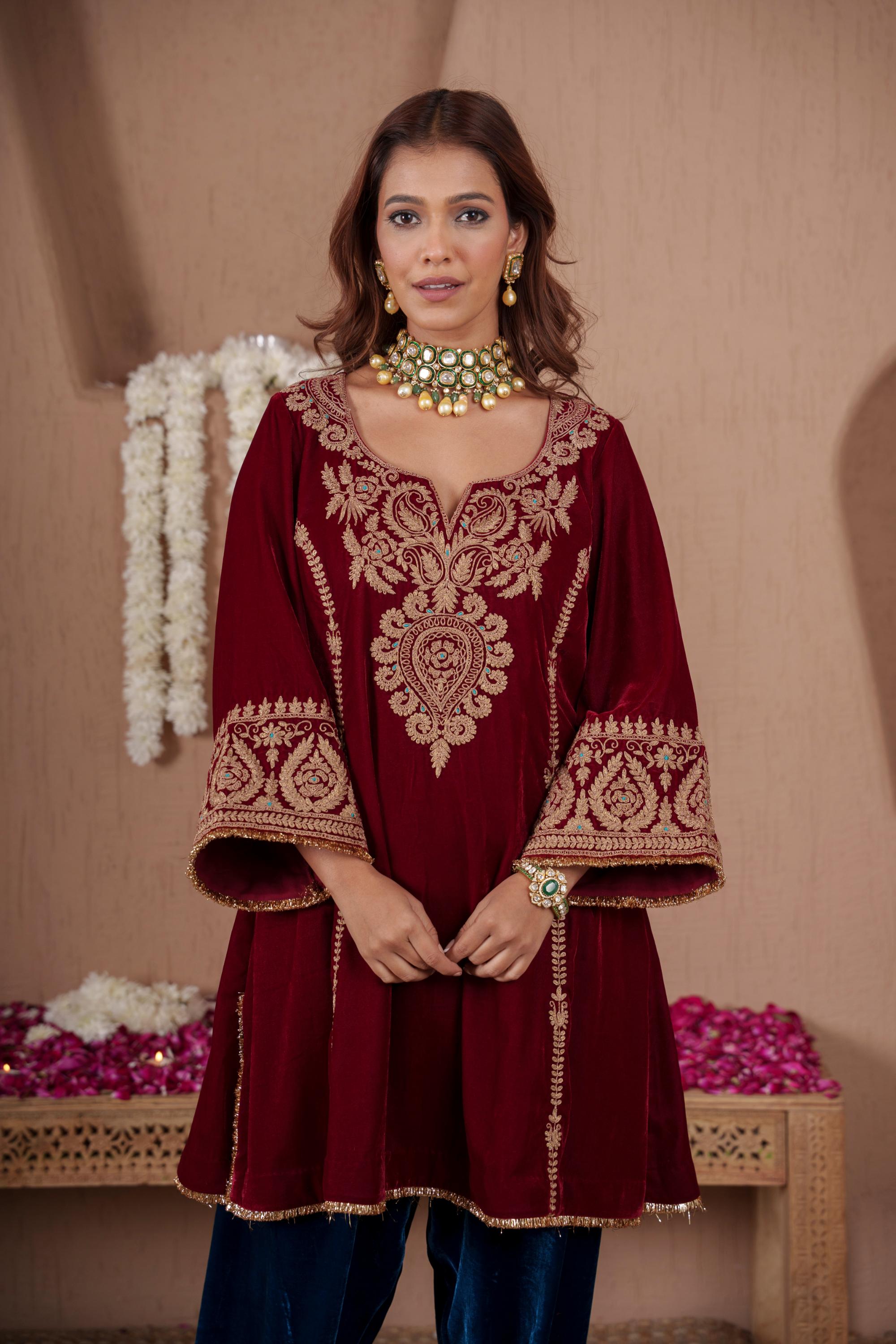 AFREEN: Maroon Teal Farsi Salwar Set
