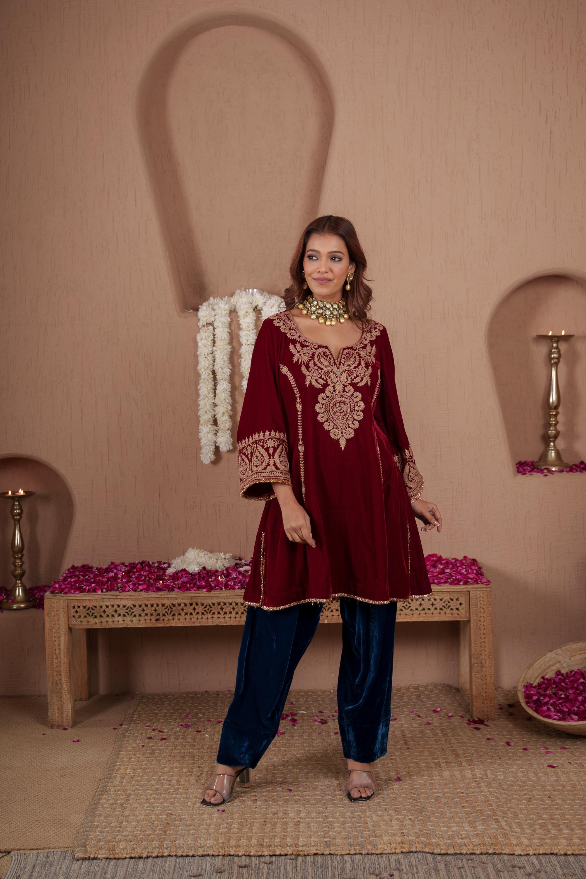 AFREEN: Maroon Teal Farsi Salwar Set
