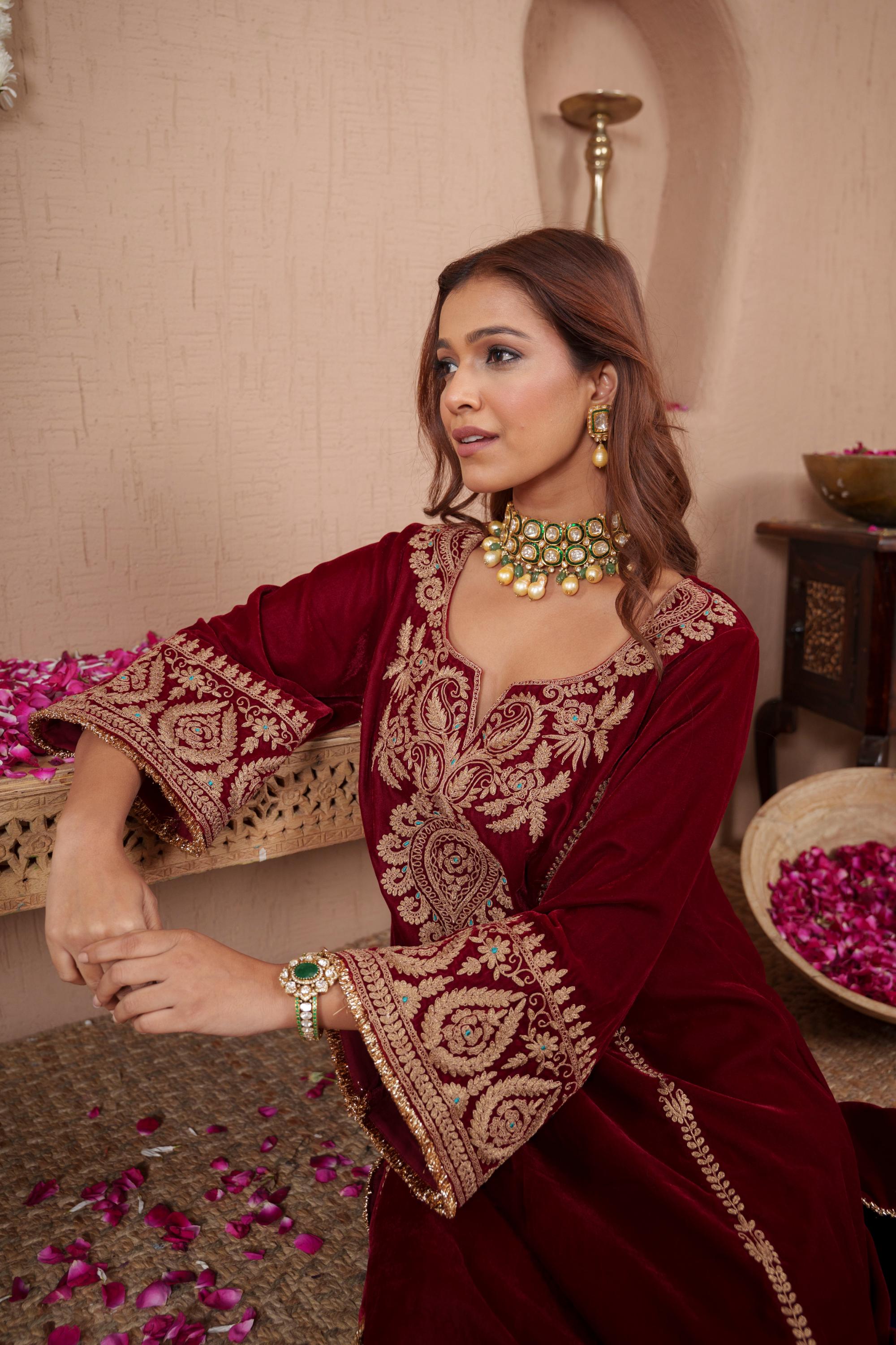 AFREEN: Maroon Teal Farsi Salwar Set