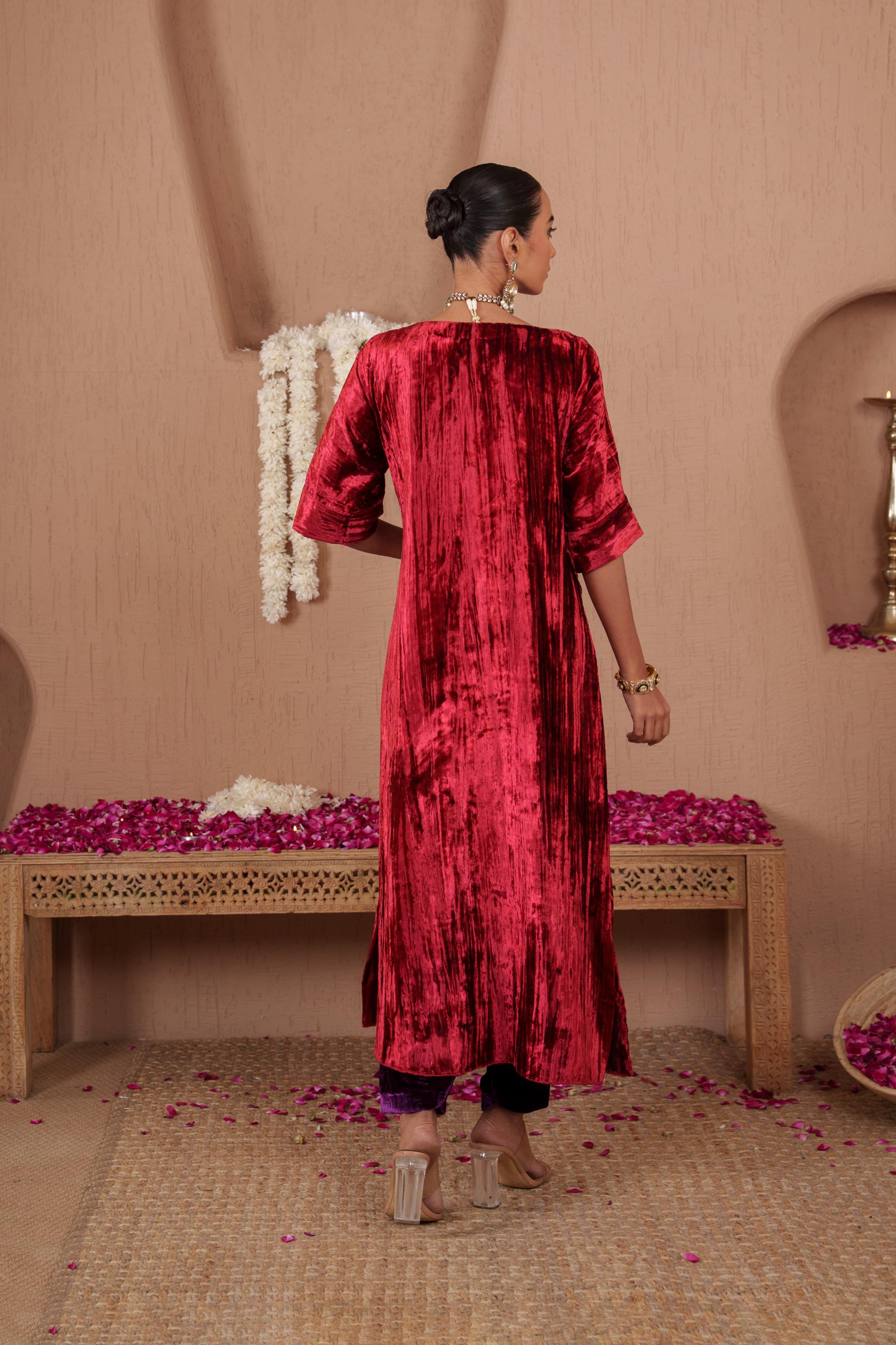 AFREEN: Maroon Purple Embroidered Kaftaan Salwar Set