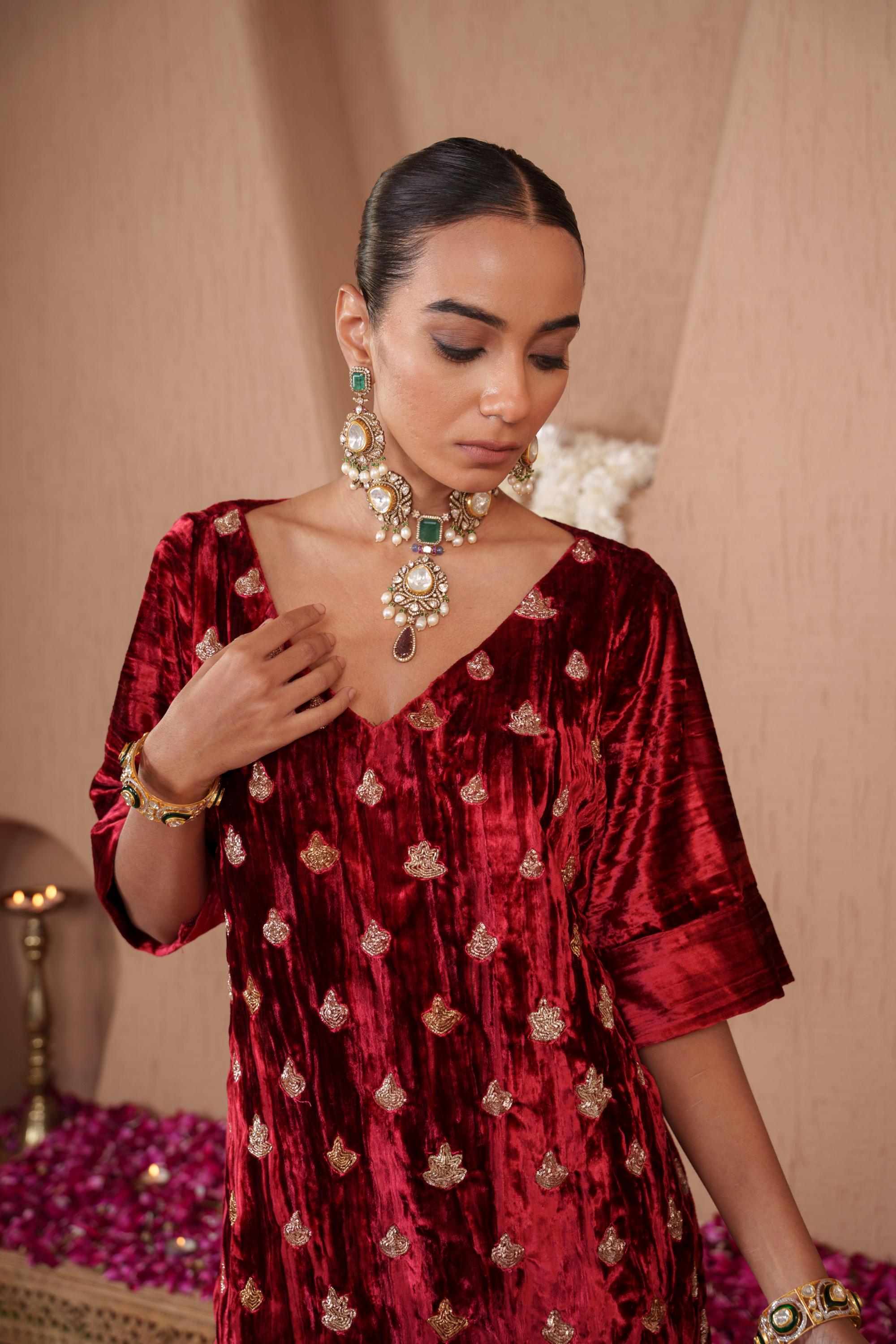 AFREEN: Maroon Purple Embroidered Kaftaan Salwar Set
