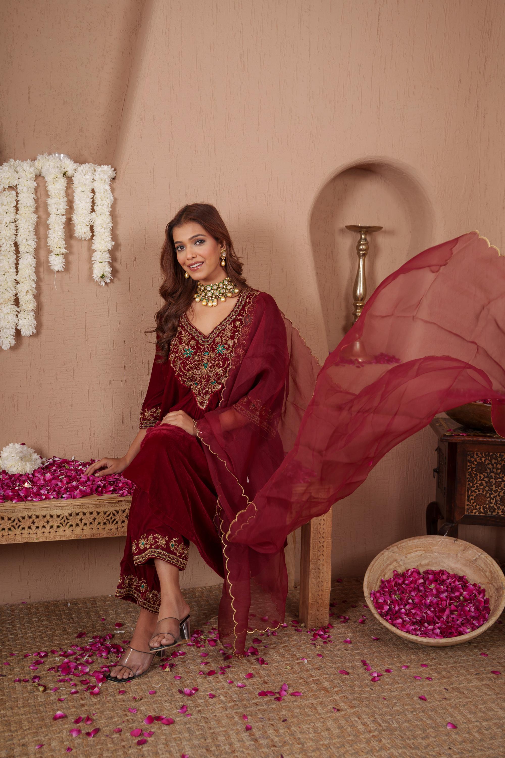 AFREEN: Maroon Kurta Set