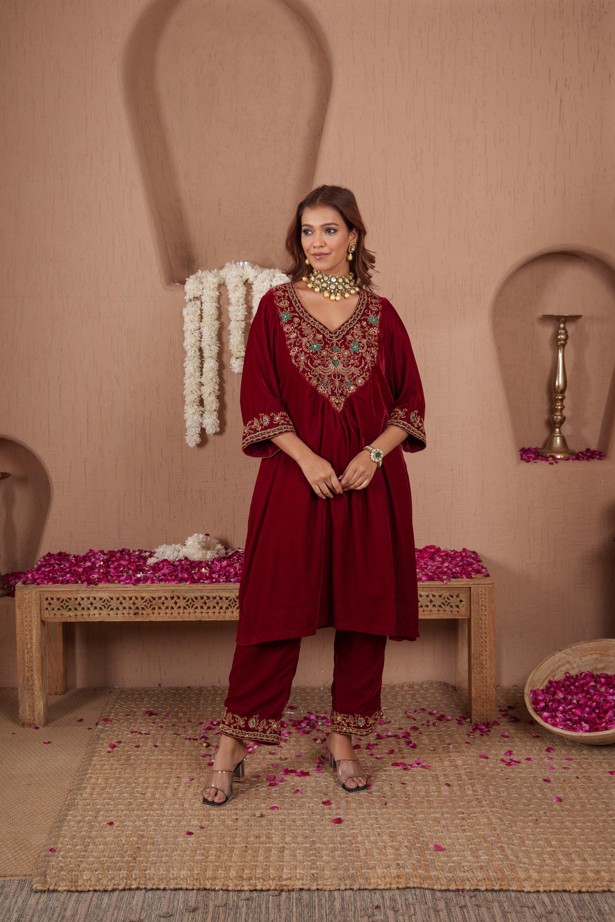 AFREEN: Maroon Kurta Set