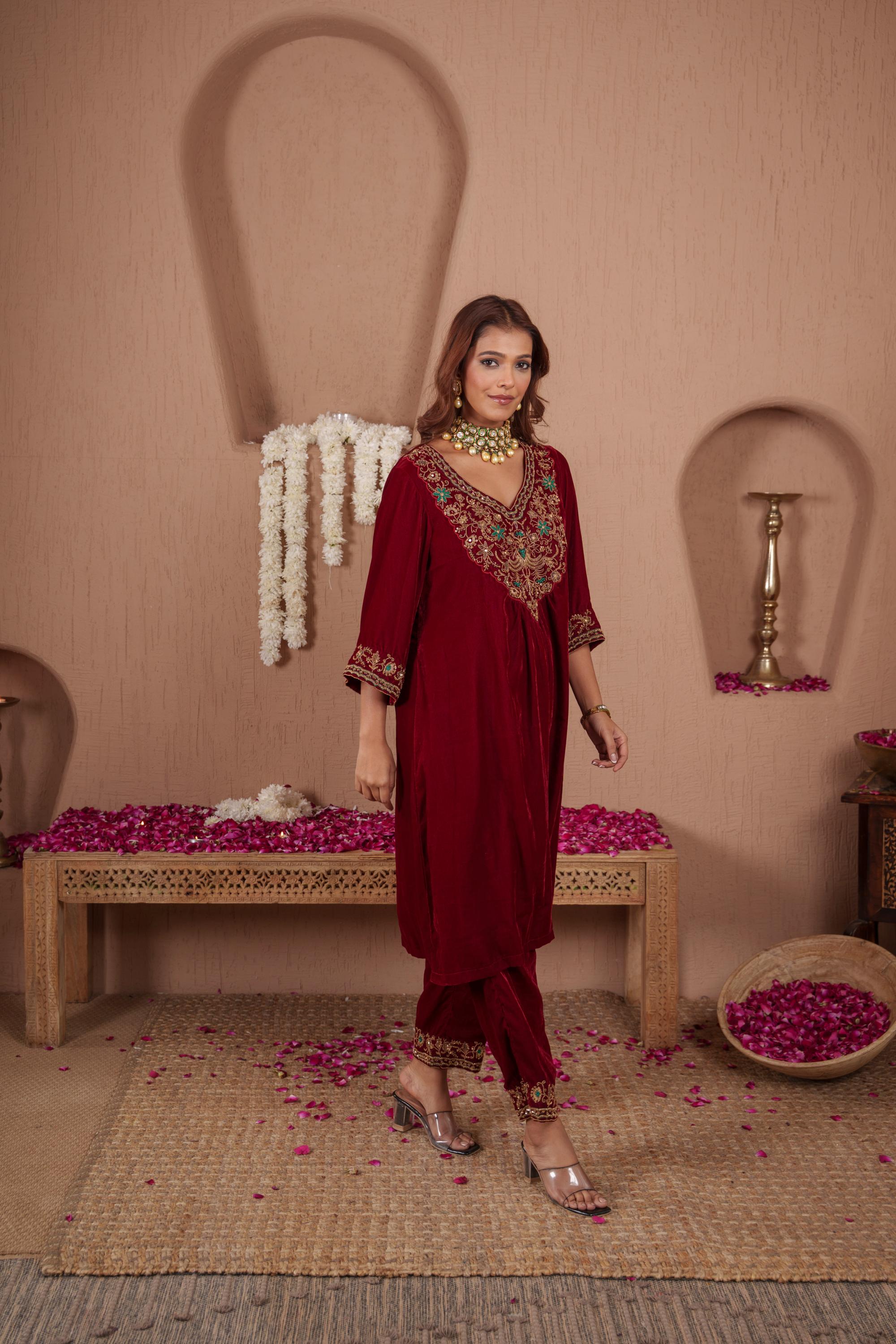 AFREEN: Maroon Kurta Set