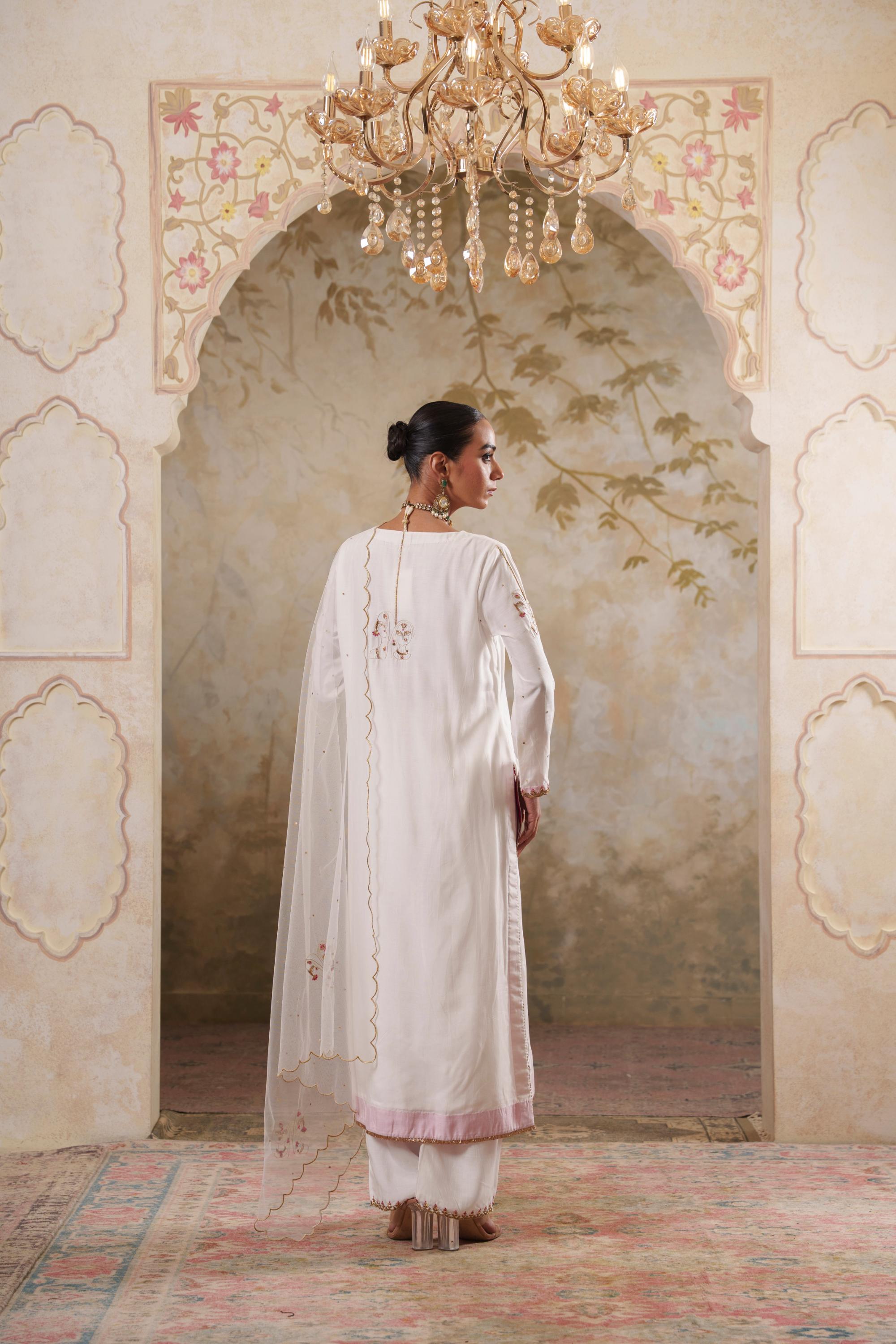 Noorani: White Embroidered Long Kurta with Pants & Dupatta