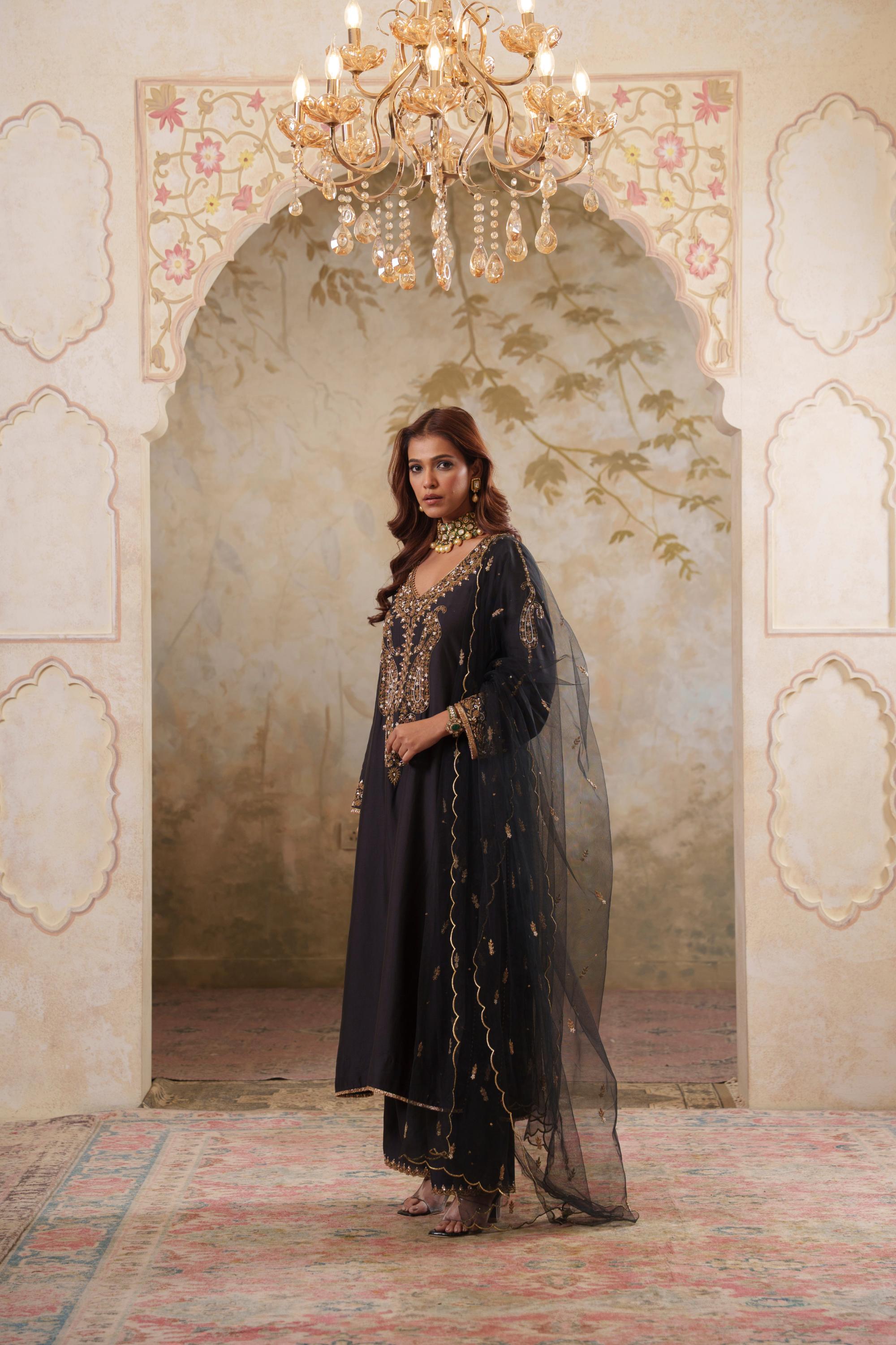 Noorani: Black Embroidered Long Kurta with Pants & Dupatta