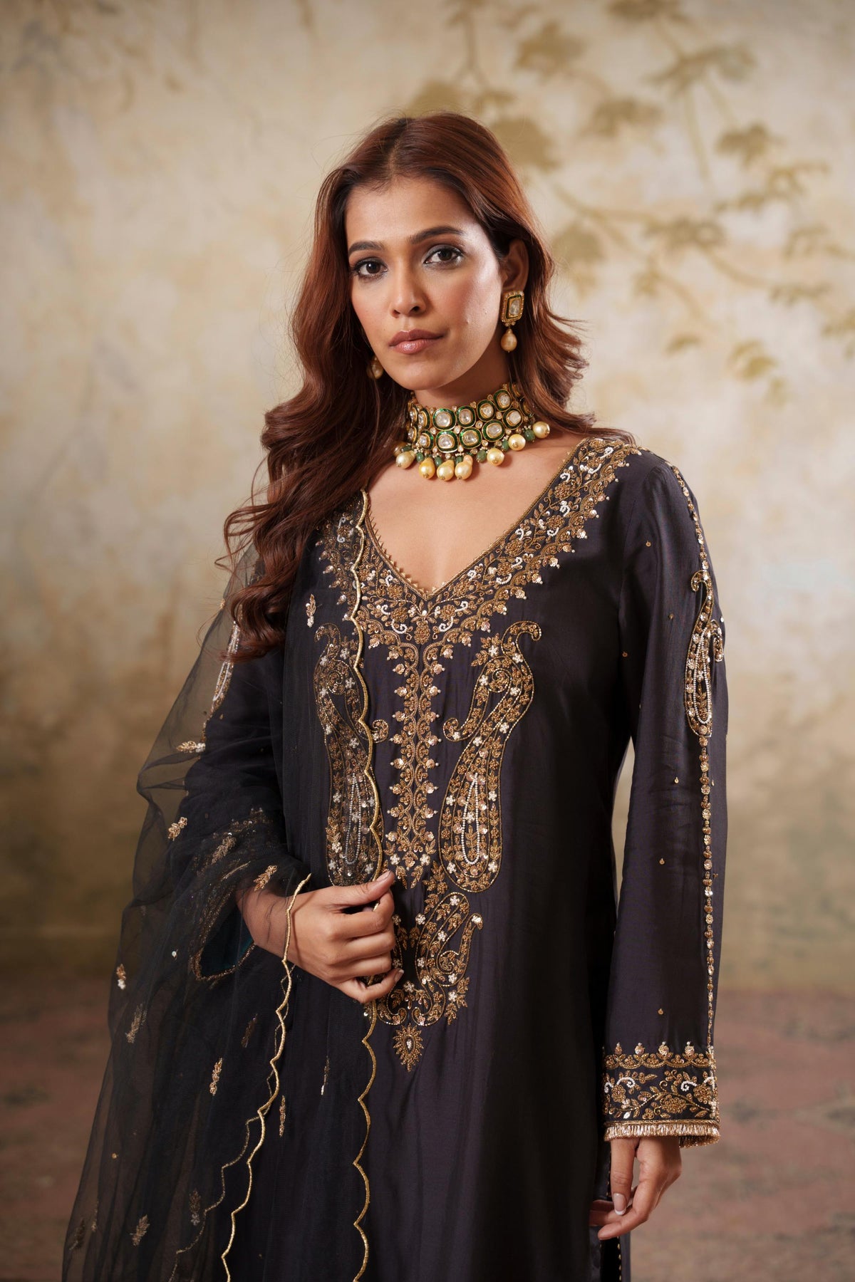 Noorani: Black Embroidered Long Kurta with Pants & Dupatta