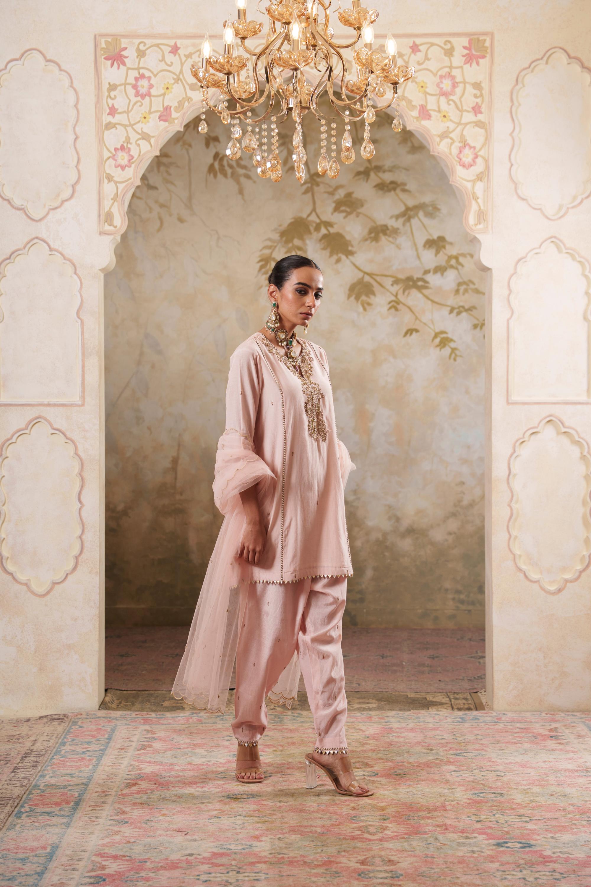 Noorani: Nude Pink Short Embroidered Kurta with Salwar & Dupatta