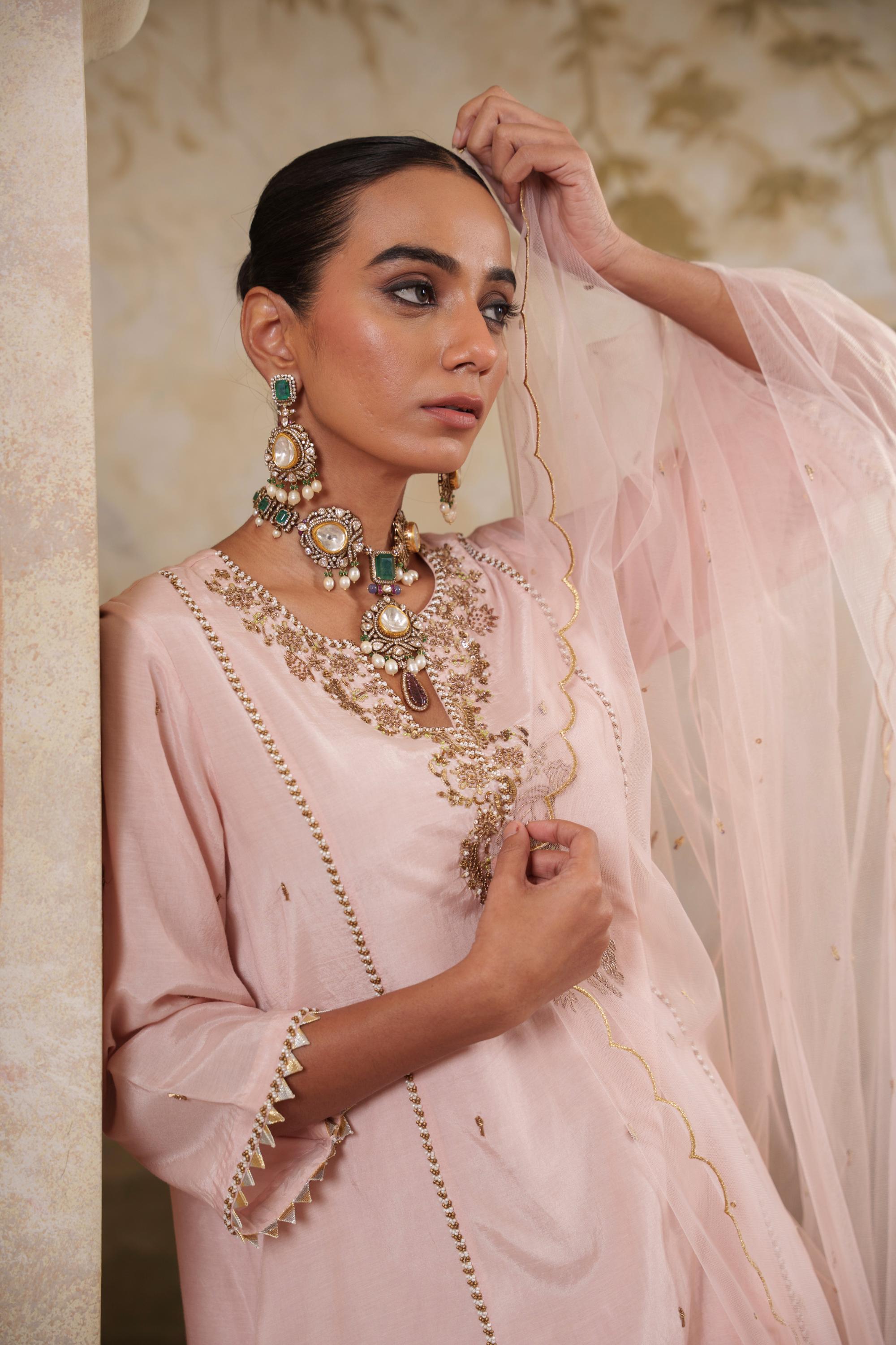 Noorani: Nude Pink Short Embroidered Kurta with Salwar & Dupatta