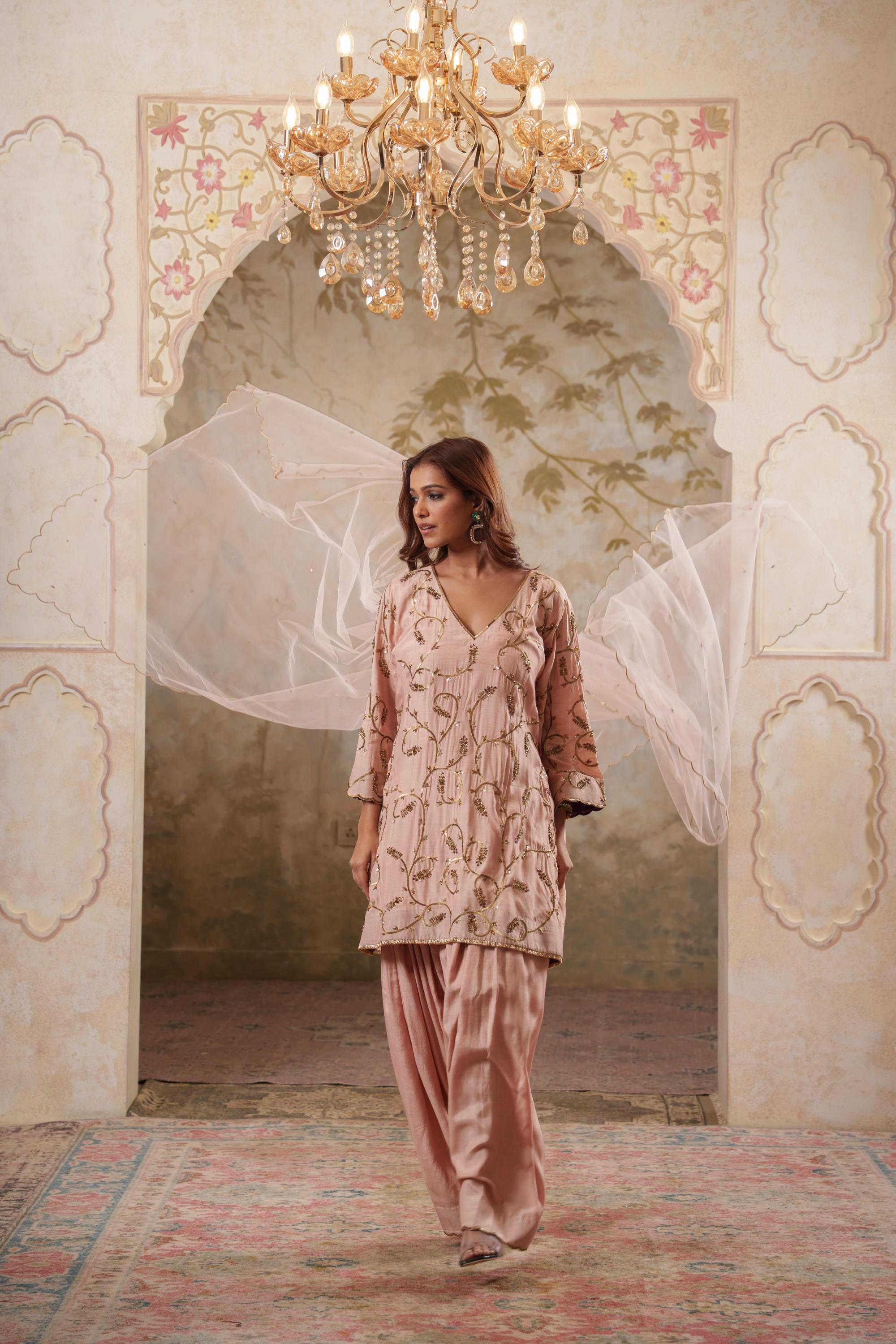 Noorani: Dusky Peach Short Embroidered Kurta with Salwar & Dupatta