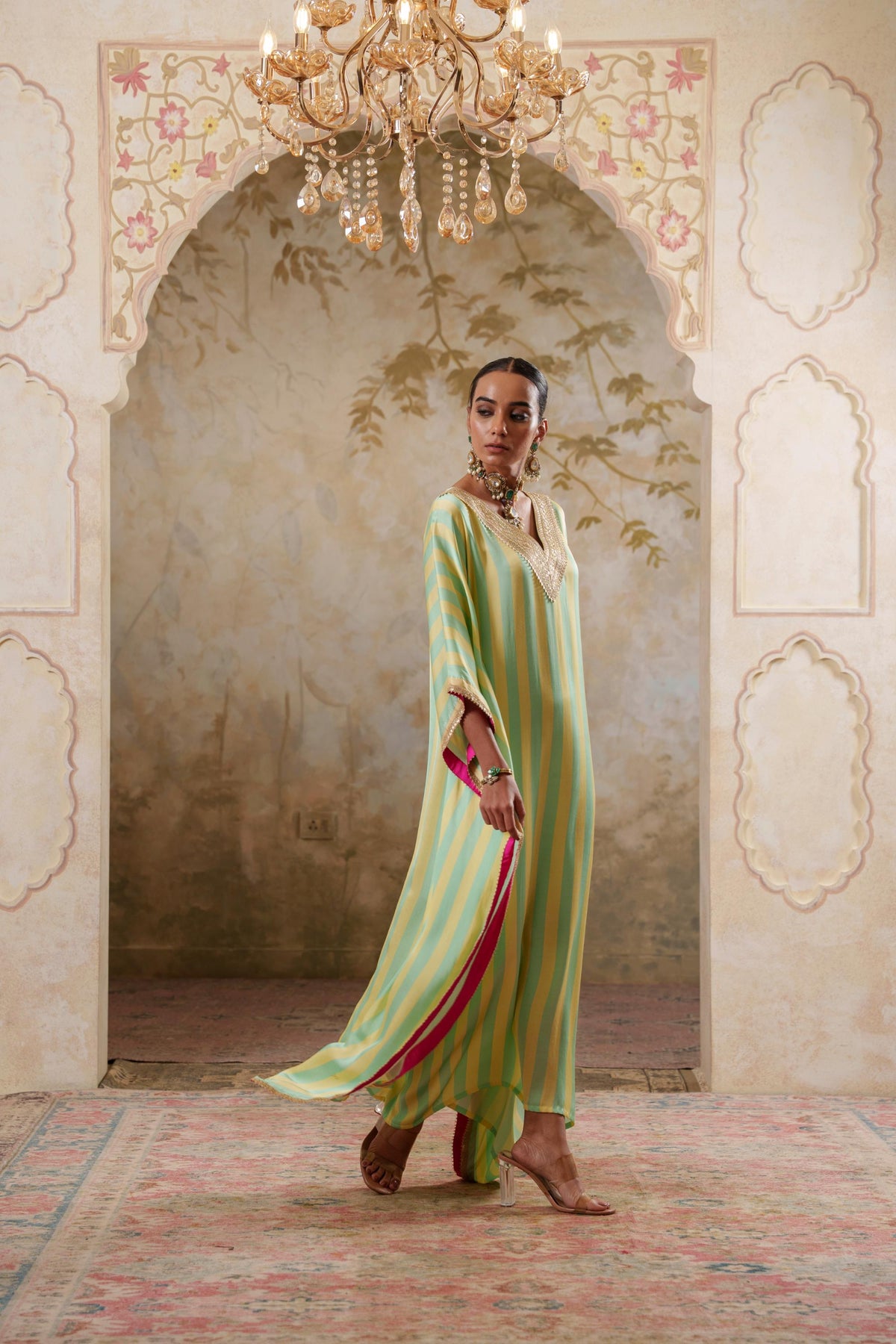 Maya: Lime Yellow Striped Kaftaan