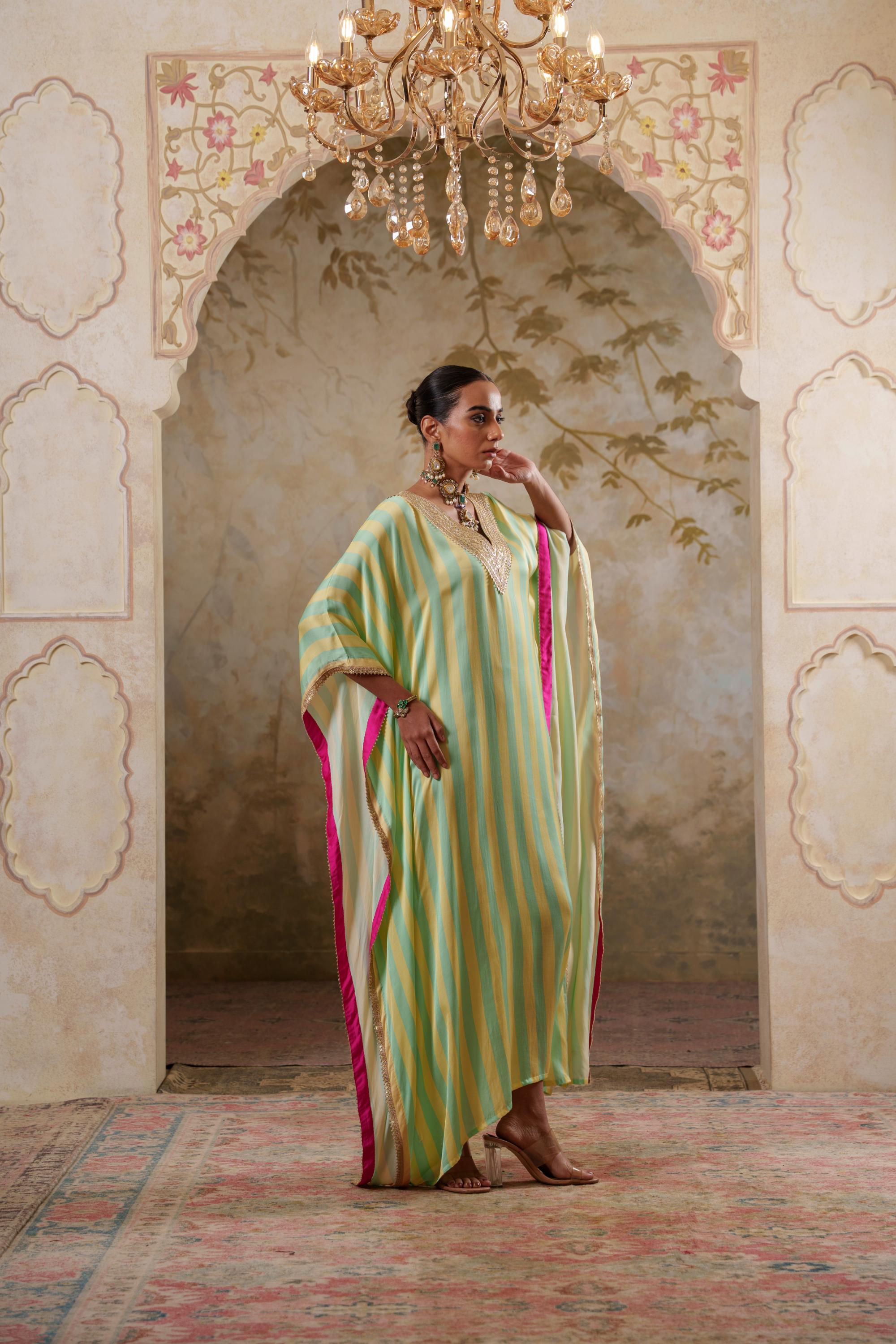 Maya: Lime Yellow Striped Kaftaan