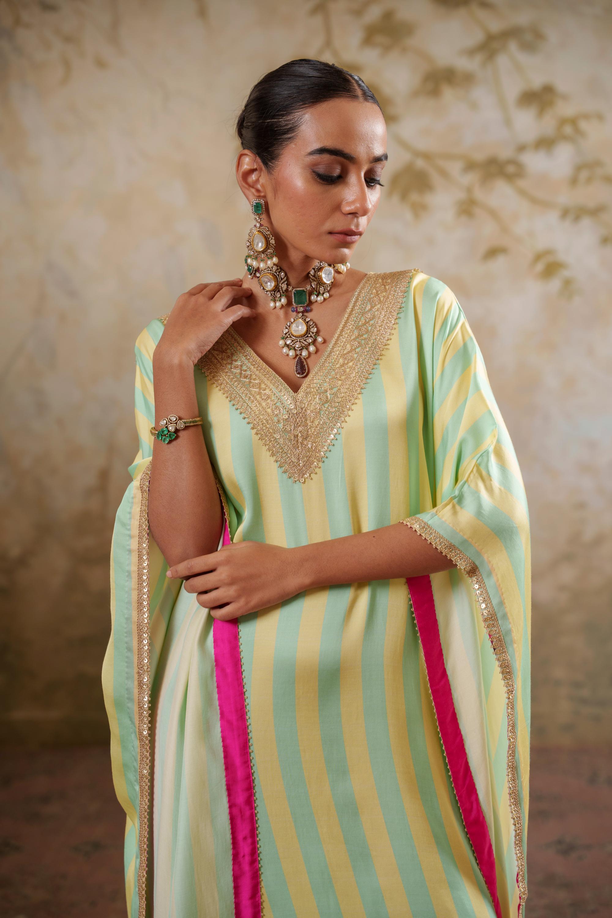 Maya: Lime Yellow Striped Kaftaan
