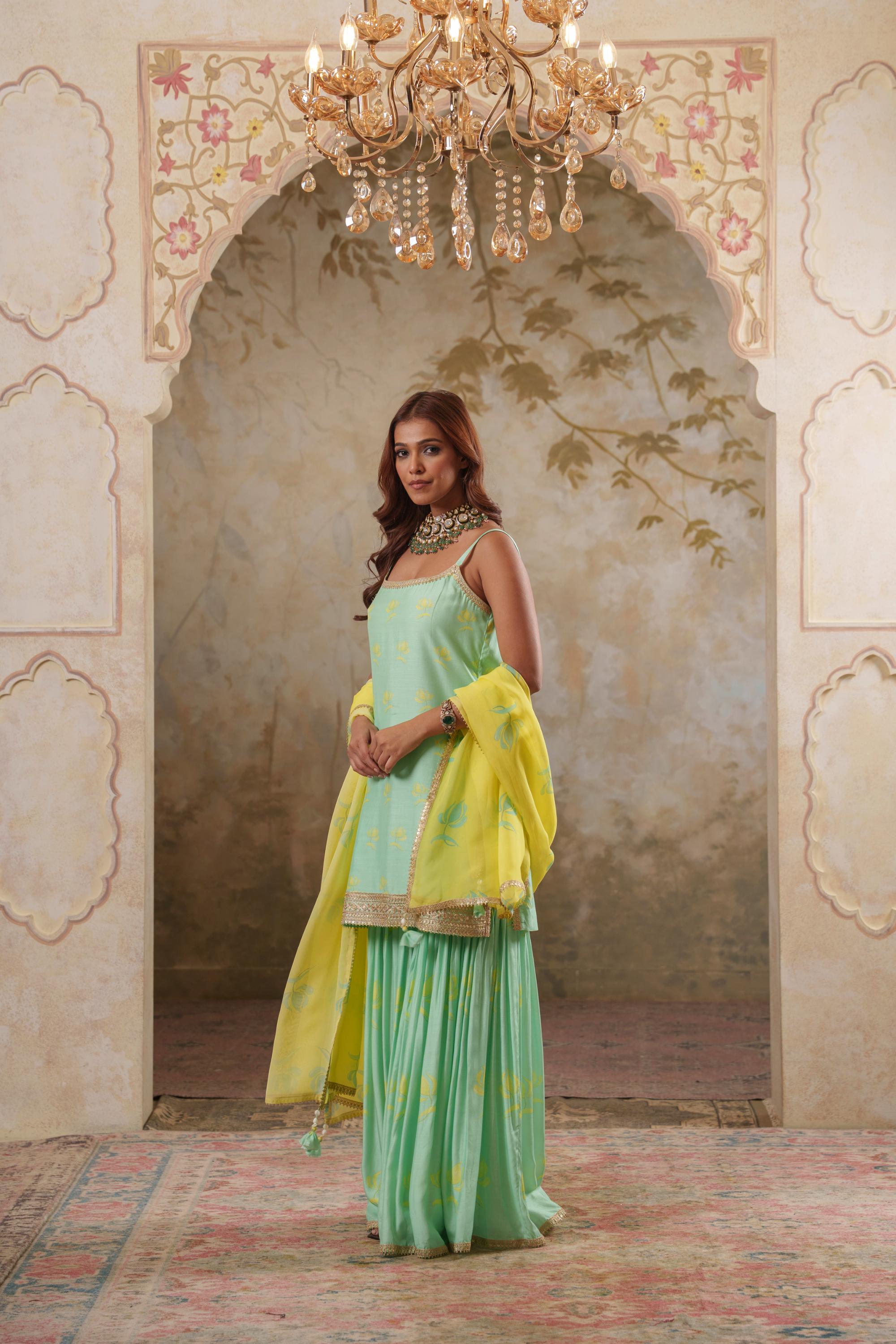 Maya: Aqua Strappy Short Kurta with Sharara & Dupatta