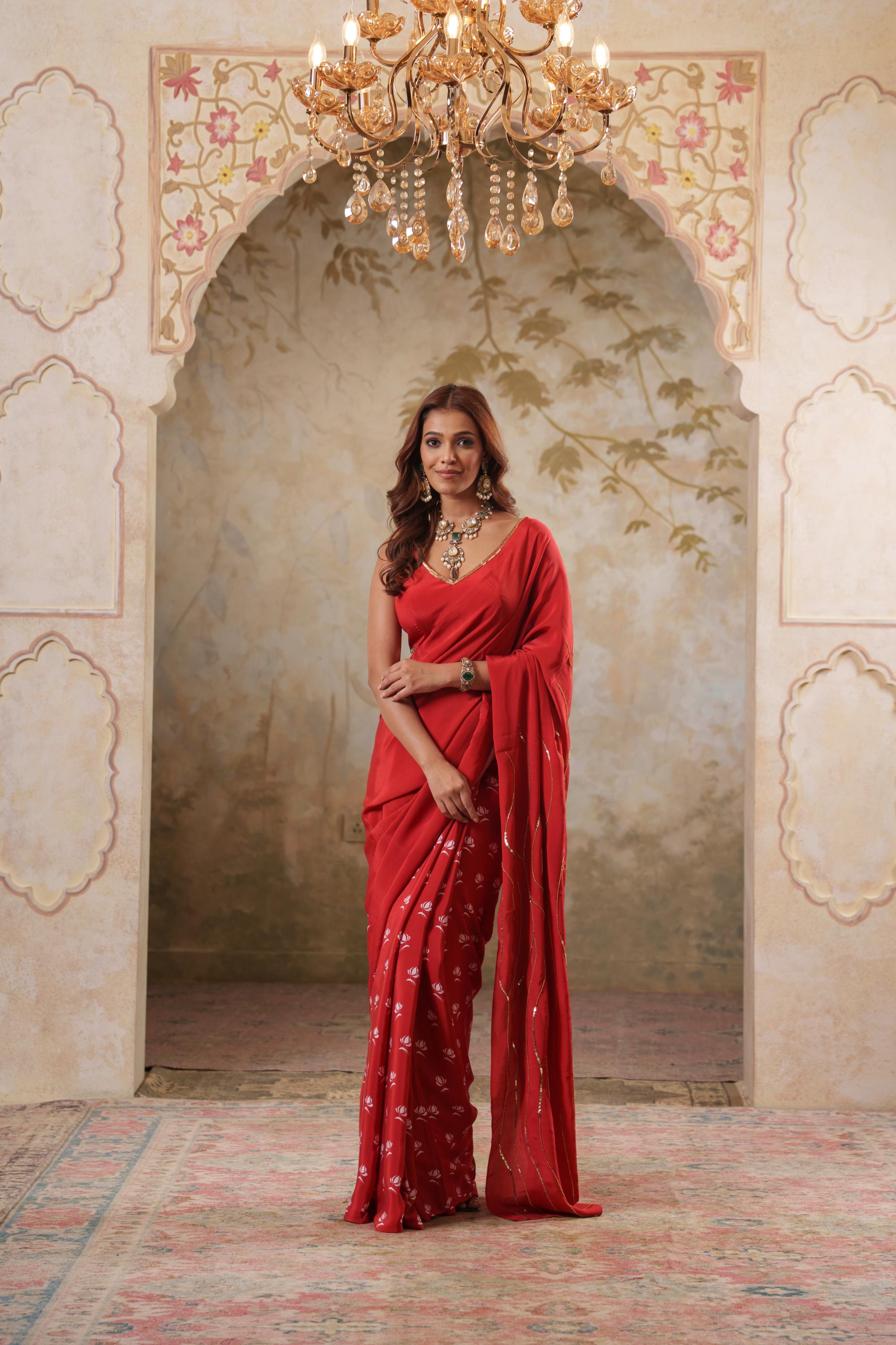 Maya: Red Digital Printed Hand Embroidred Saree with Unstiched Blouse Piece