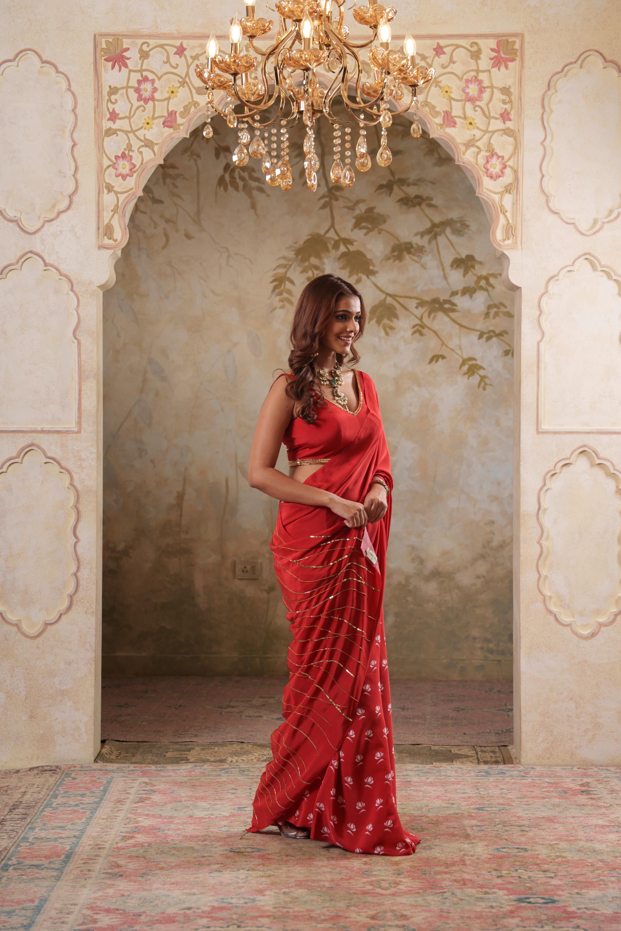 Maya: Red Digital Printed Hand Embroidred Saree with Unstiched Blouse Piece