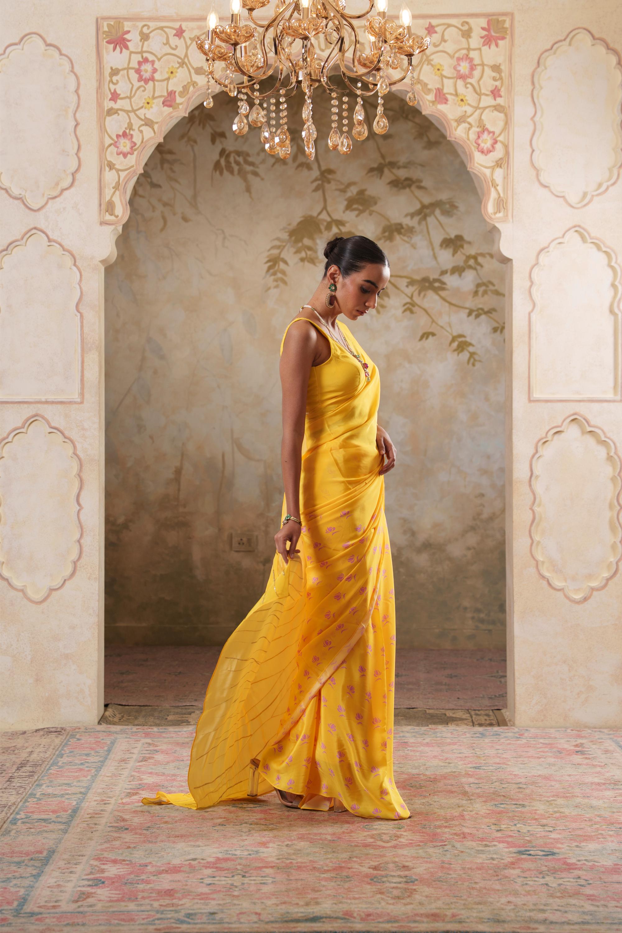 Maya: Yellow Digital Printed Hand Embroidred Saree with Unstiched Blouse Piece
