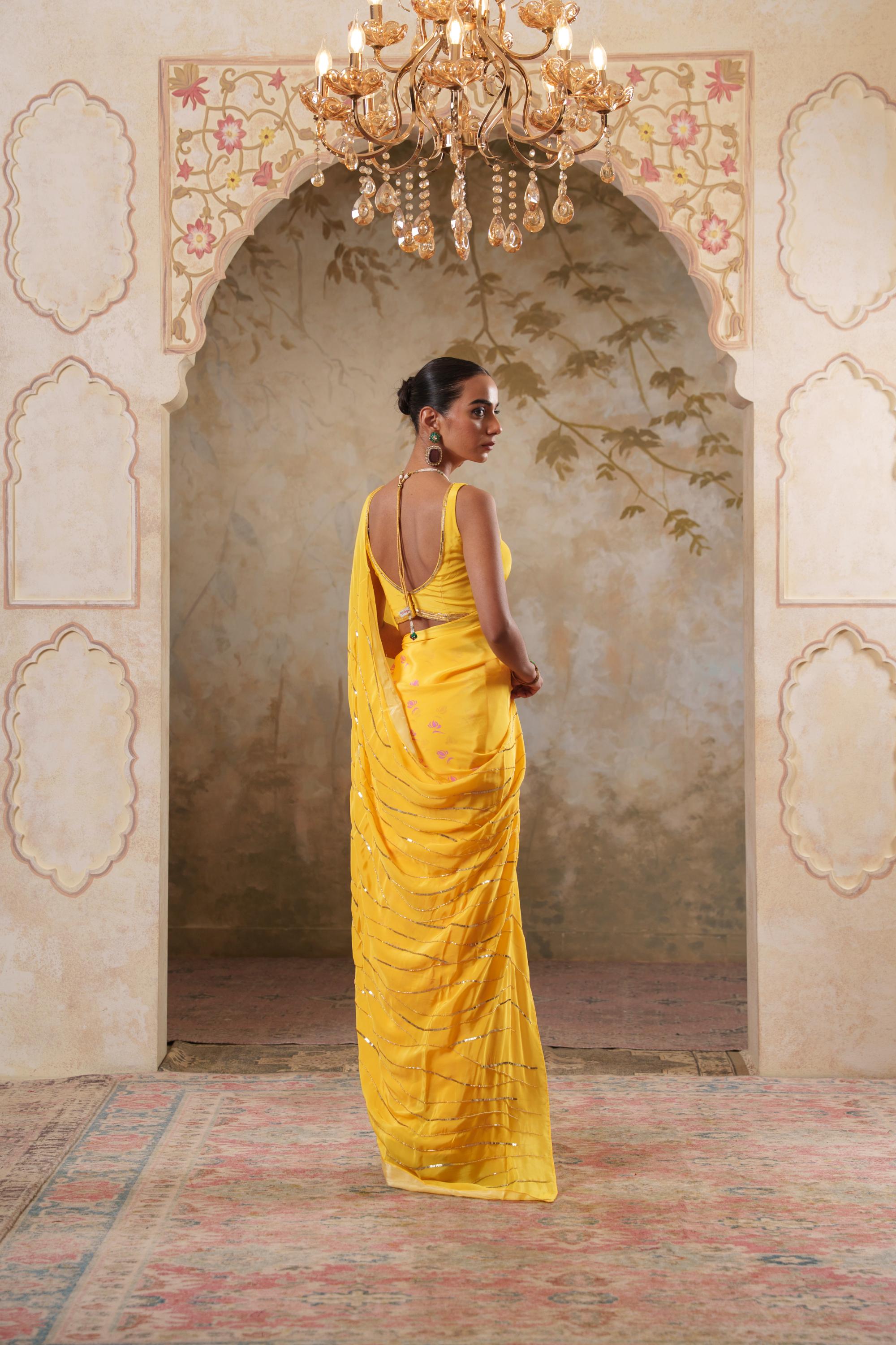 Maya: Yellow Digital Printed Hand Embroidred Saree with Unstiched Blouse Piece