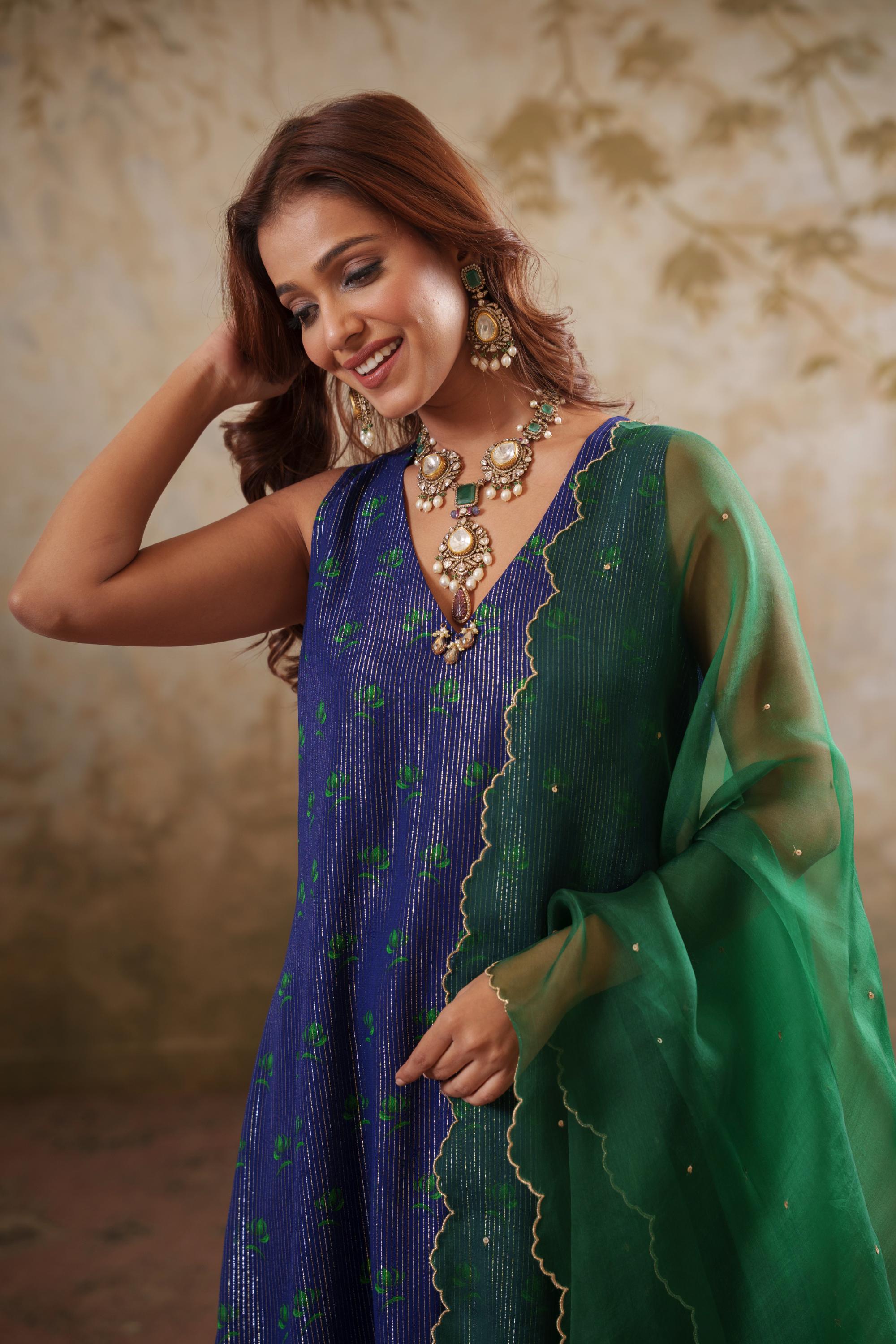 Maya: Blue Short Kurta with Sharara & Dupatta Set