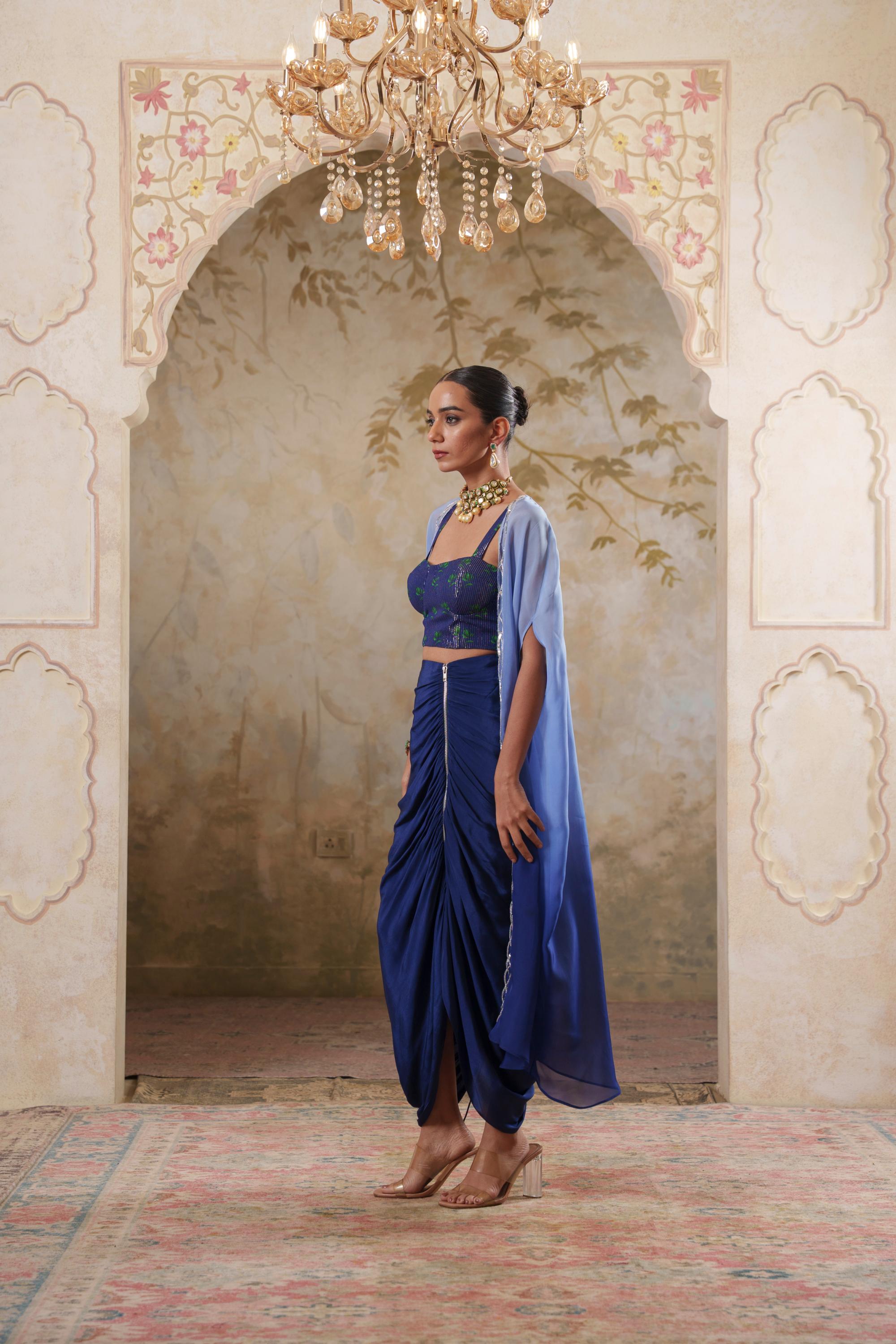 Maya: Blue Ombre Embroidred Cape W/Blouse & Drape Skirt