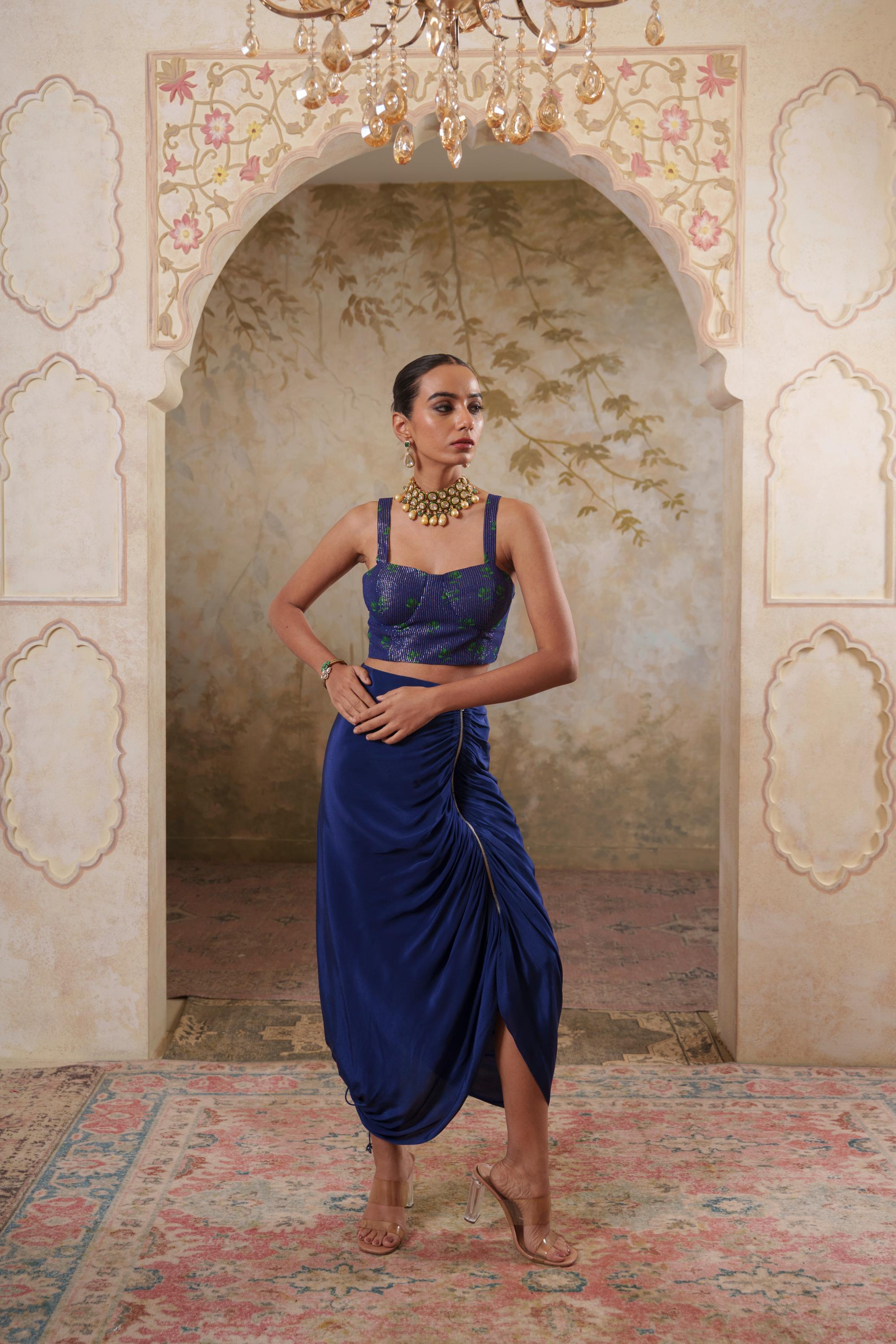 Maya: Blue Ombre Embroidred Cape W/Blouse & Drape Skirt