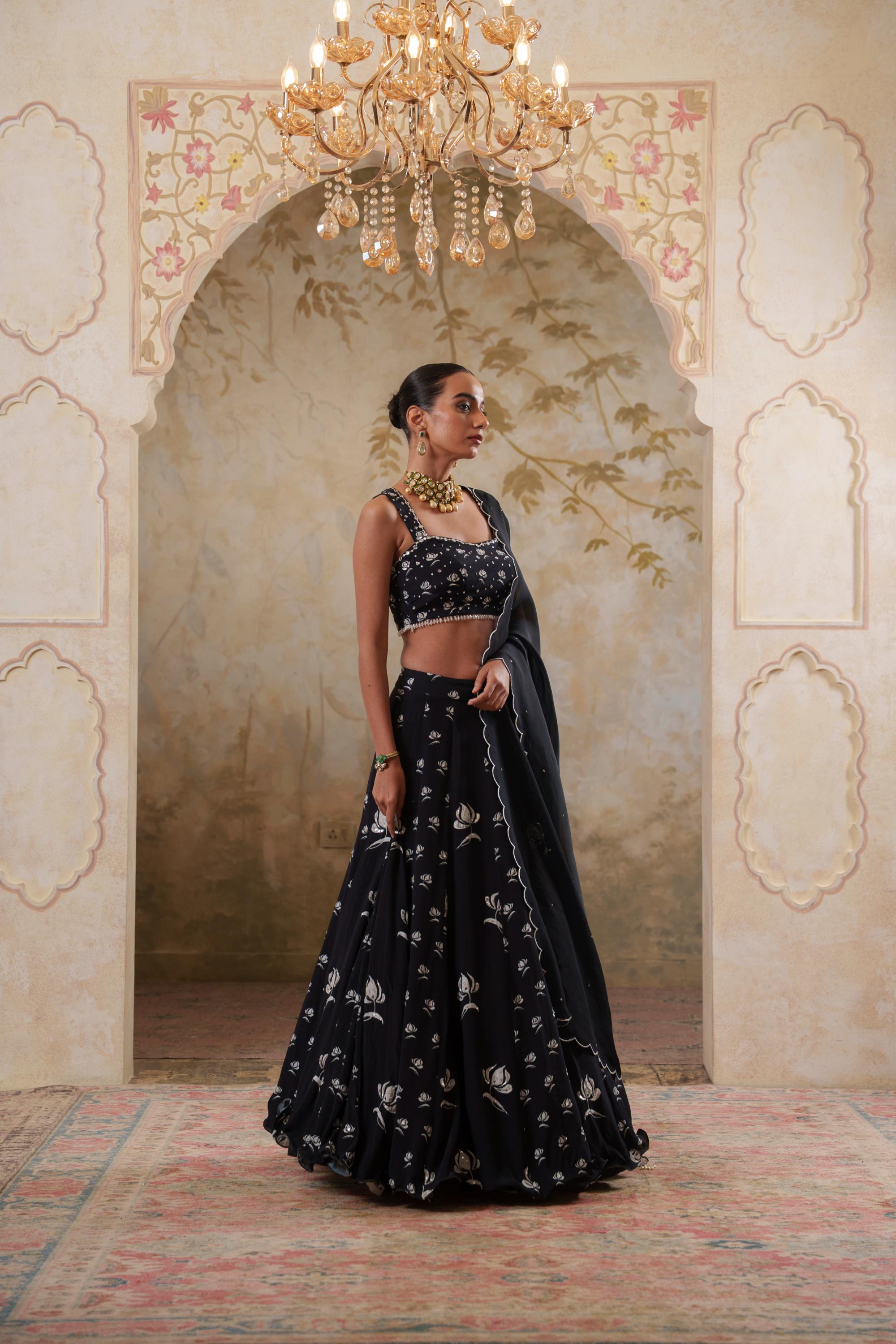 Maya: Black Digital Printed Embroidered Lehenga with Blouse & Dupatta