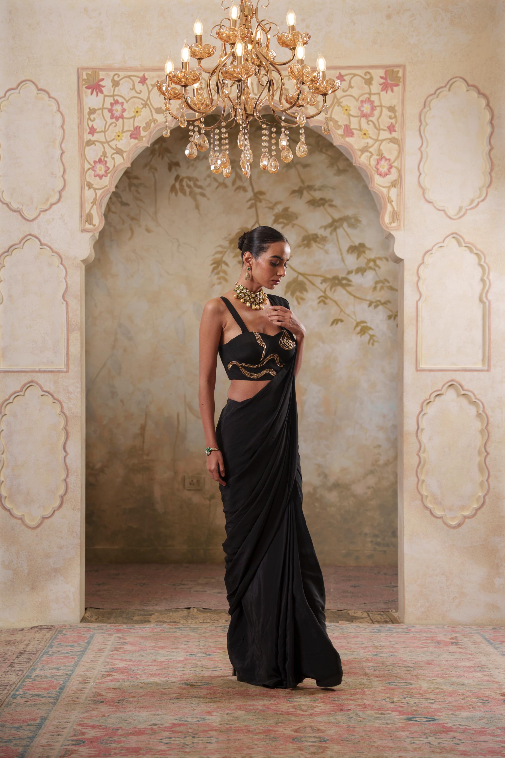 Maya: Black Embroidered Blouse With Drape Saree