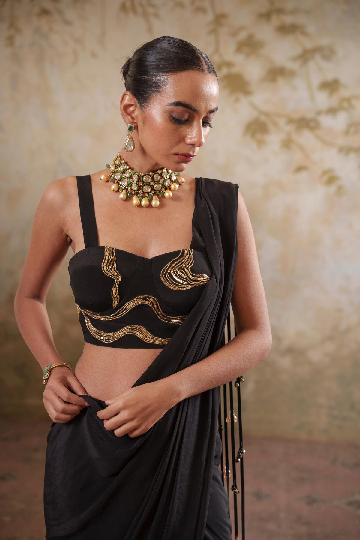 Maya: Black Embroidered Blouse With Drape Saree