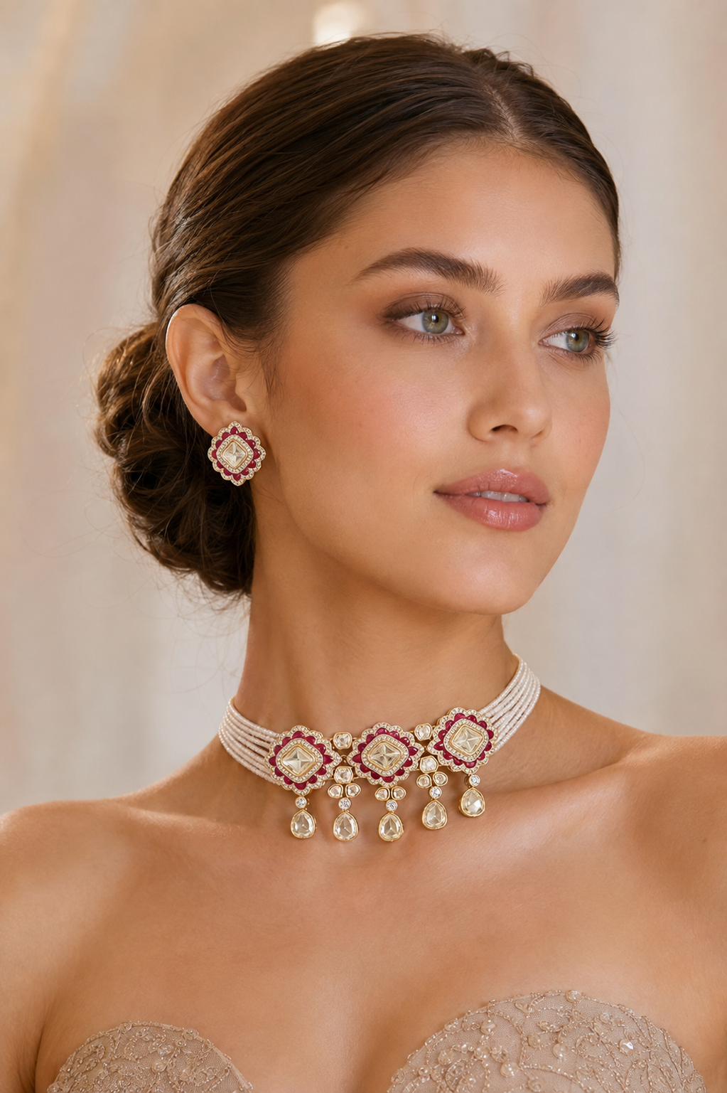 Elegant and classy kundan choker set with red meenakari and pearls