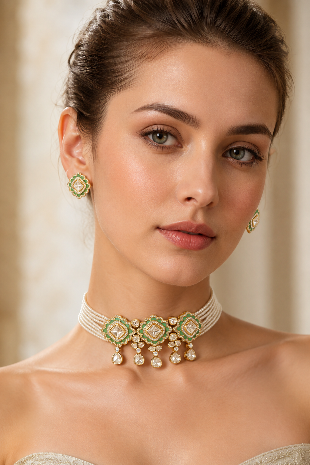 Elegant and classy kundan choker set with mint green meenakari and pearls