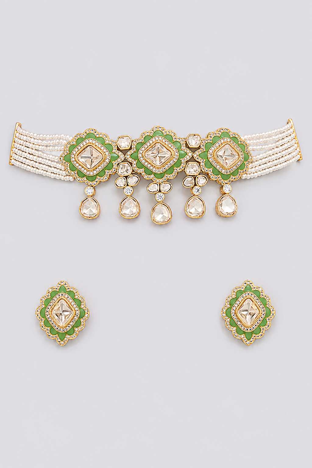 Elegant and classy kundan choker set with mint green meenakari and pearls
