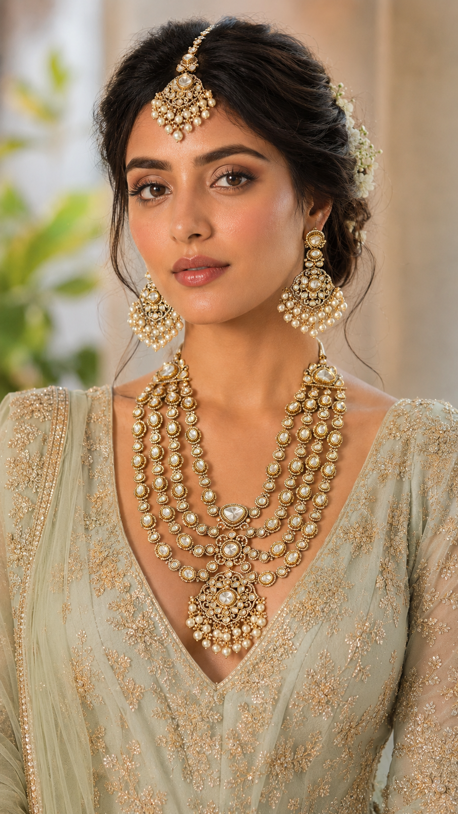 Bold and dramatic polki bridal necklace set with matching earrings and maangtika