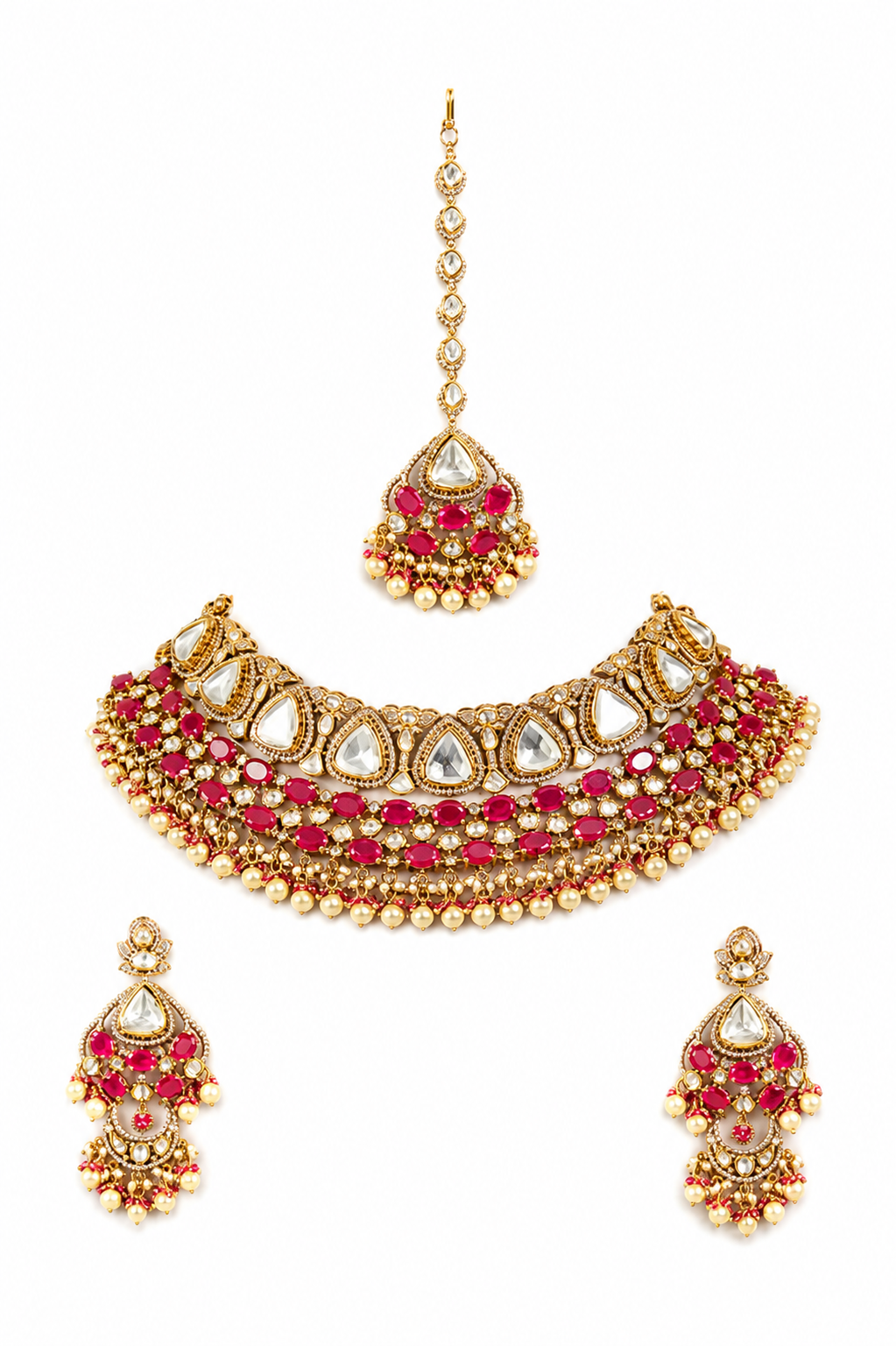 Bold and dramatic polki bridal necklace set with matching earrings and maangtika