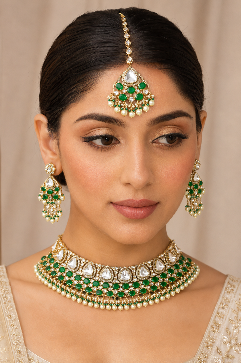Bold and dramatic polki bridal necklace set with matching earrings and maangtika