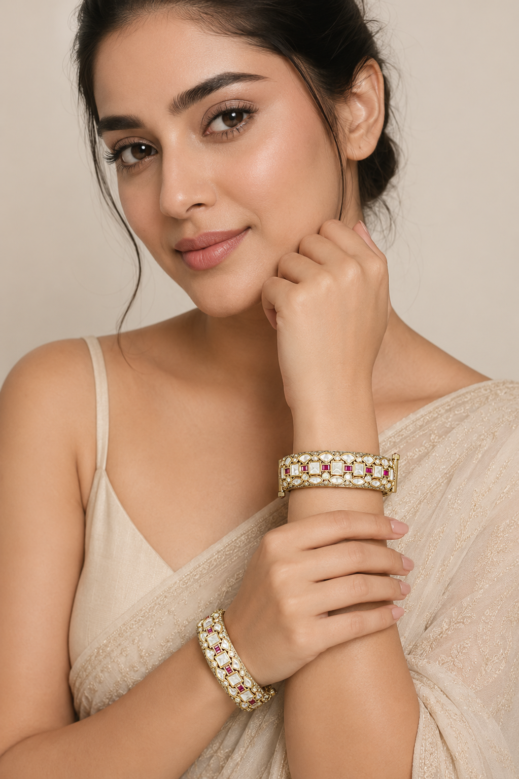 Bold and dramatic polki pair of bangles in two tone finish