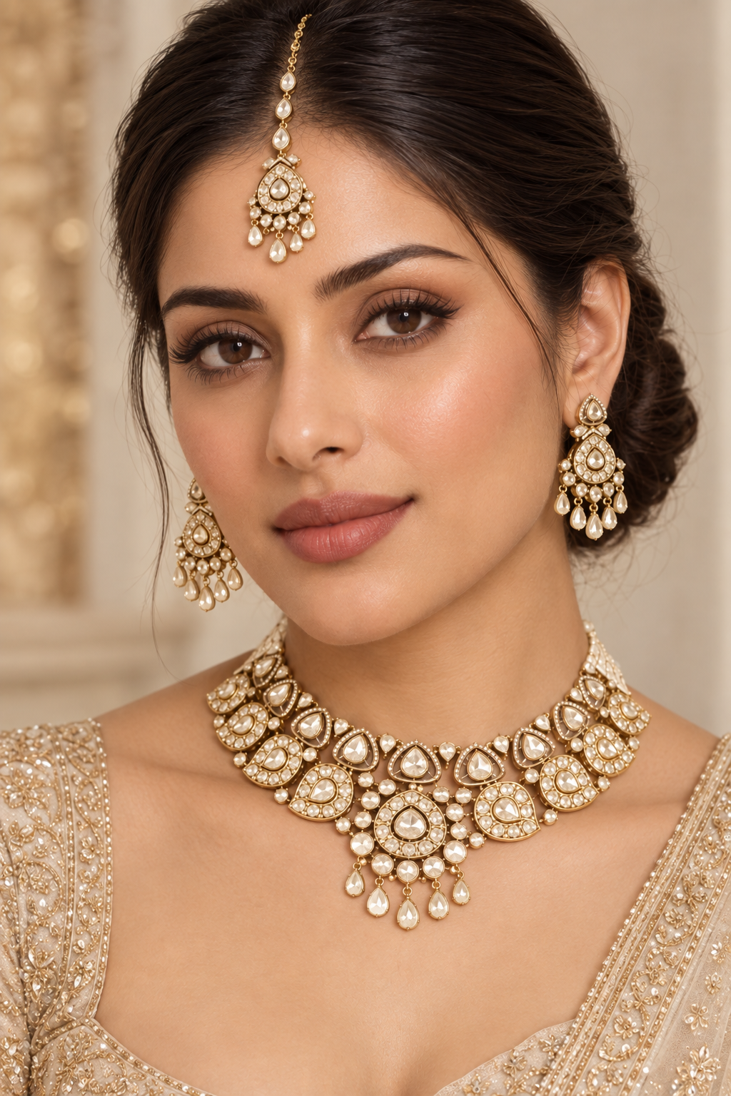 Elegant and classic necklace set with kundan stones set in paisley design. It comes with a pair of matching earrings and maangtika.