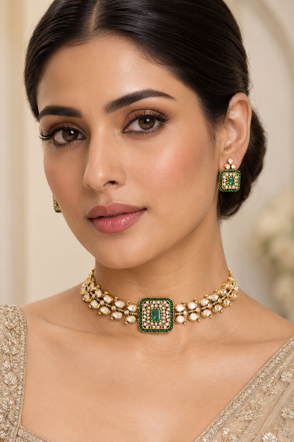 Exclusive and classic two tone finish choker with green stones. It comes with a pair of matching studs.