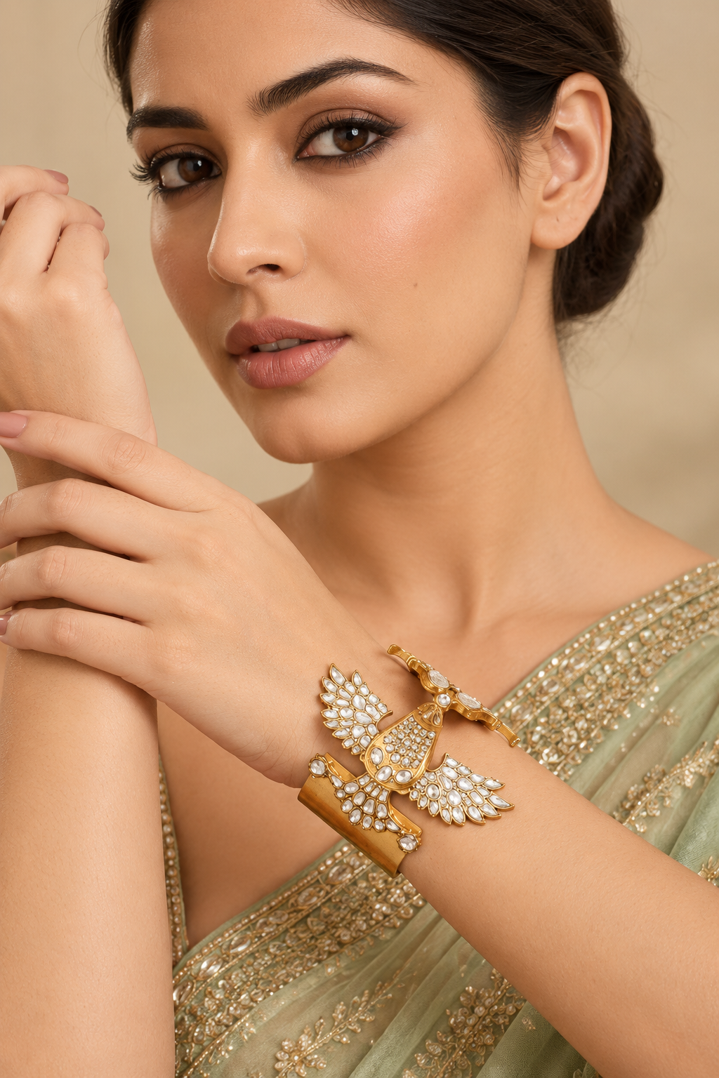 Bold and dramatic kundan polki bird shape openable cuff