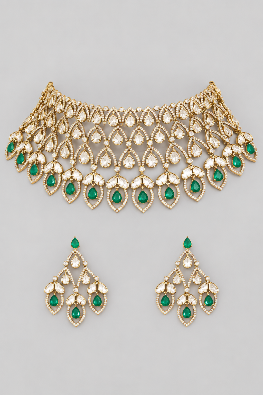 Bold and dramatic kundan polki bridal necklace set in two tone finish with matching pair of earrings