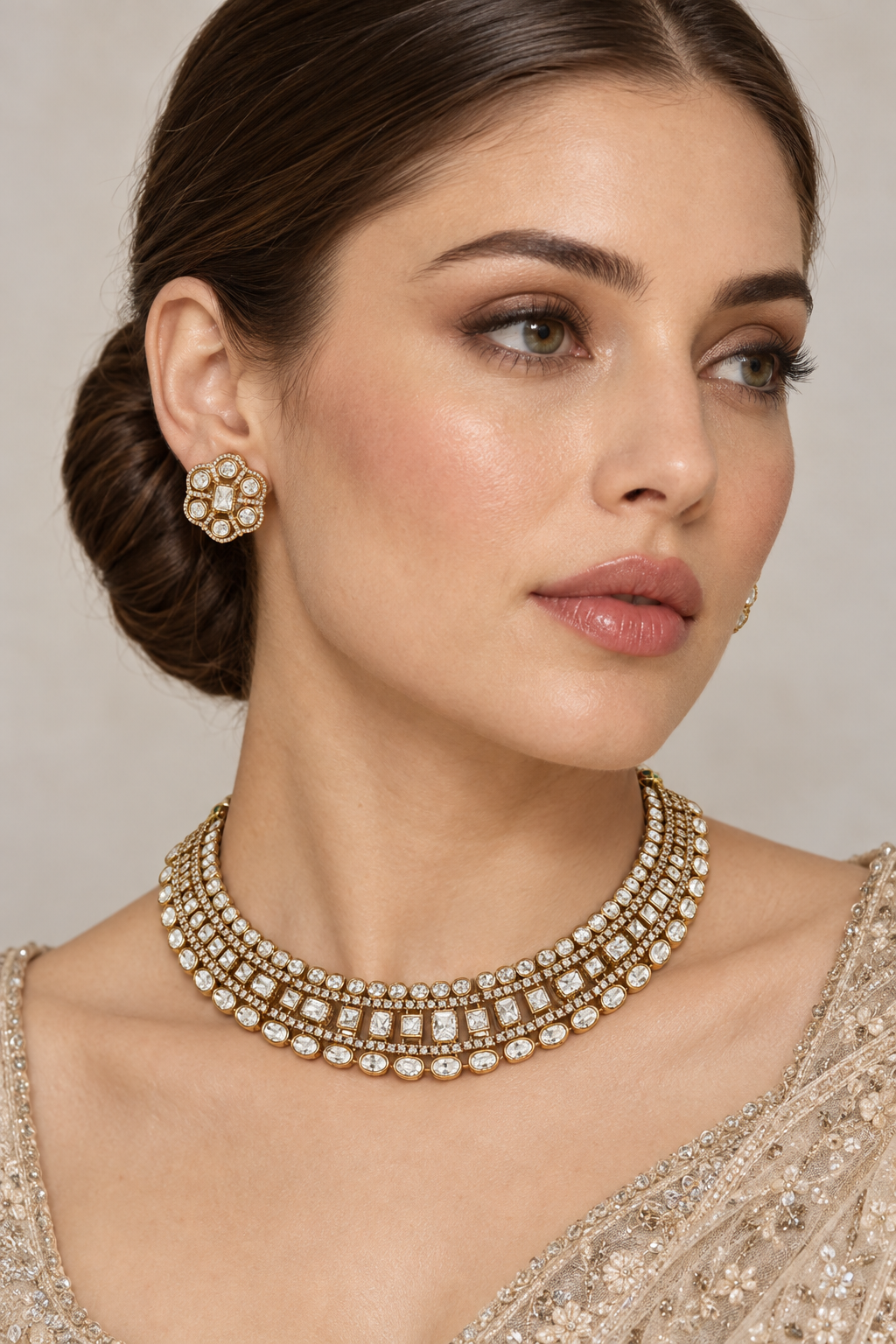 Elegant and petit two tone finish necklace set with matching earrings